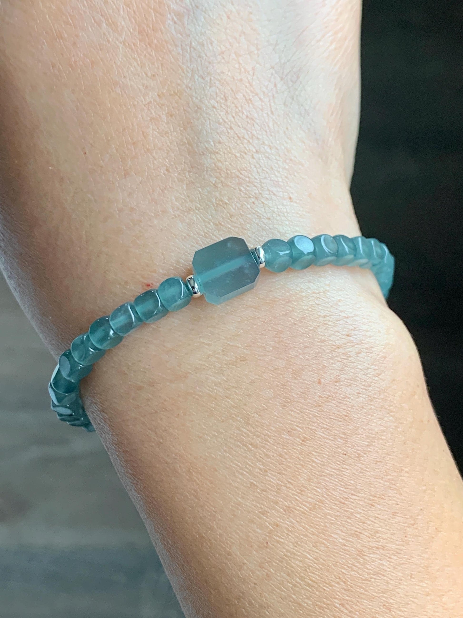 Natural Grade A Guatemalan Icy Highly Translucent Light Teal Jade Jadeite Cube Beaded Bracelet Sterling Silver 6.5-7.75” 天然冰危蓝绿翡翠方形珠手串WXF223