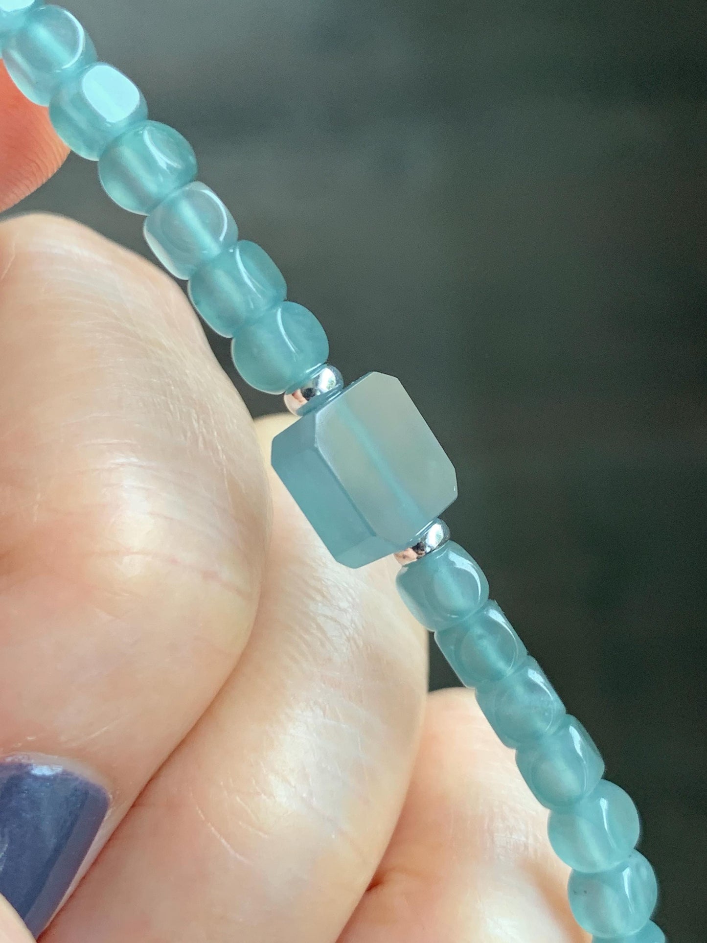 Natural Grade A Guatemalan Icy Highly Translucent Light Teal Jade Jadeite Cube Beaded Bracelet Sterling Silver 6.5-7.75” 天然冰危蓝绿翡翠方形珠手串WXF223