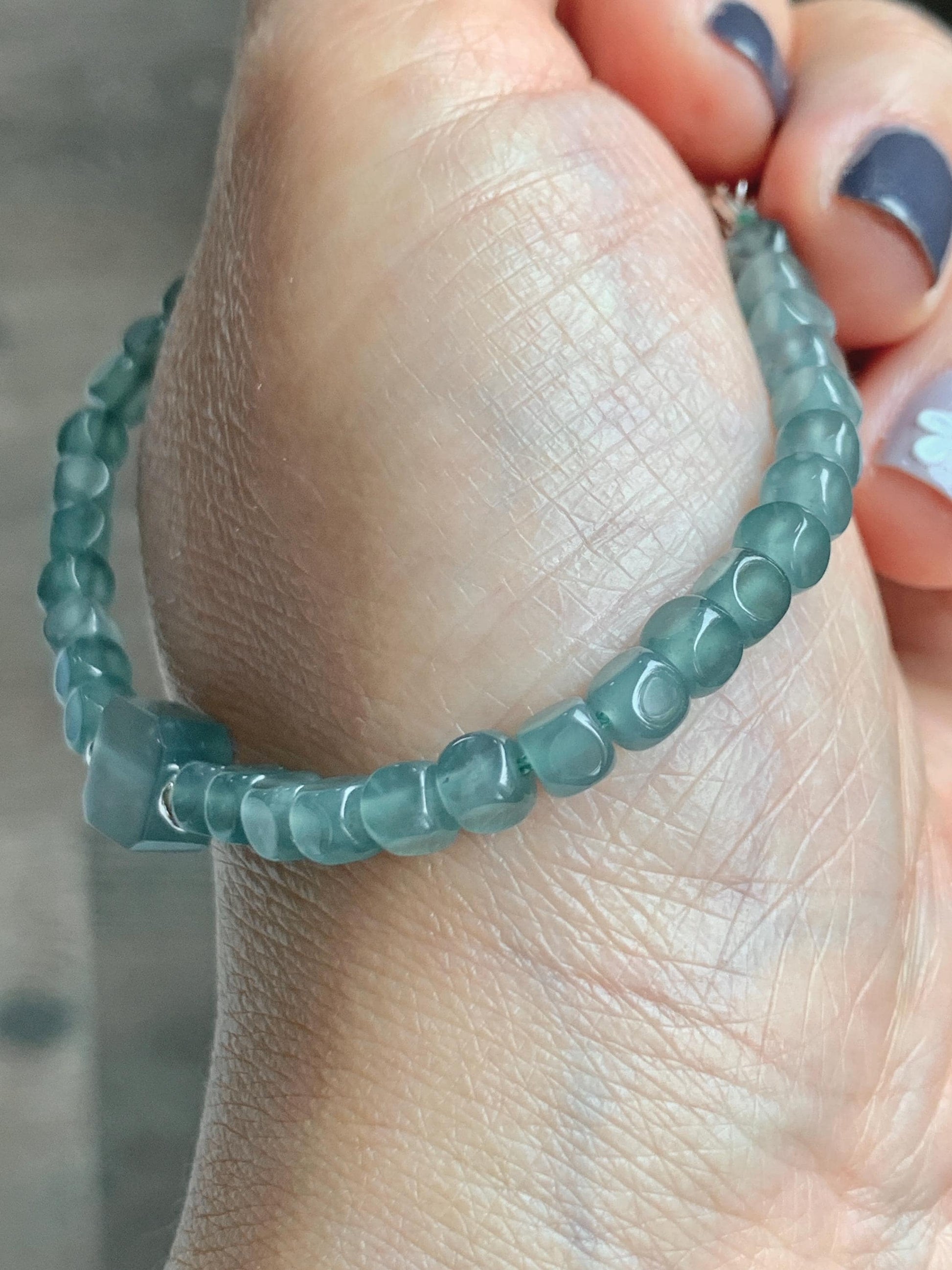 Natural Grade A Guatemalan Icy Highly Translucent Light Teal Jade Jadeite Cube Beaded Bracelet Sterling Silver 6.5-7.75” 天然冰危蓝绿翡翠方形珠手串WXF223