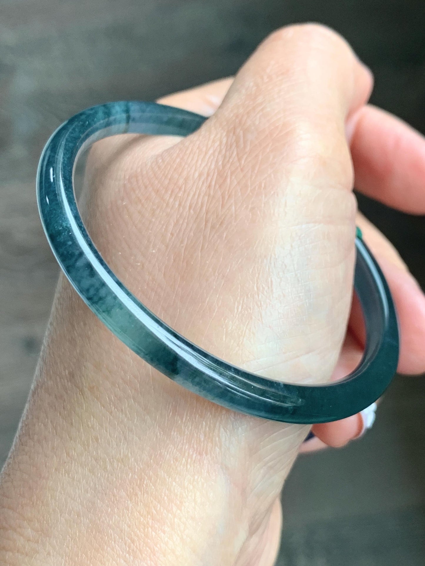 Certified Natural Grade A Guatemalan Icy Translucent Dark Teal Blue Jadeite Open Bangle Osmanthus Flower Bracelet 55.1mm 天然冰胶危深篮翡翠桂花开口手镯 606