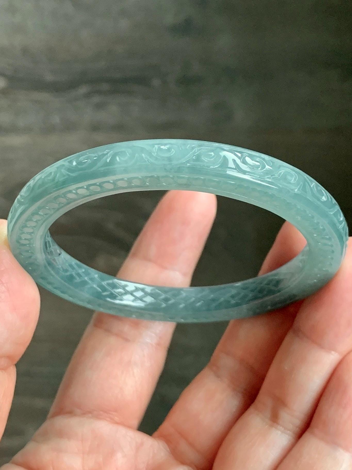 Certified Natural Guatemalan Icy Translucent Dusty Teal Green Jade Jadeite Carved Square Edged Bangle 52.4mm 6.5” As Is 天然冰危晴蓝翡翠仿古雕方镯手镯 475