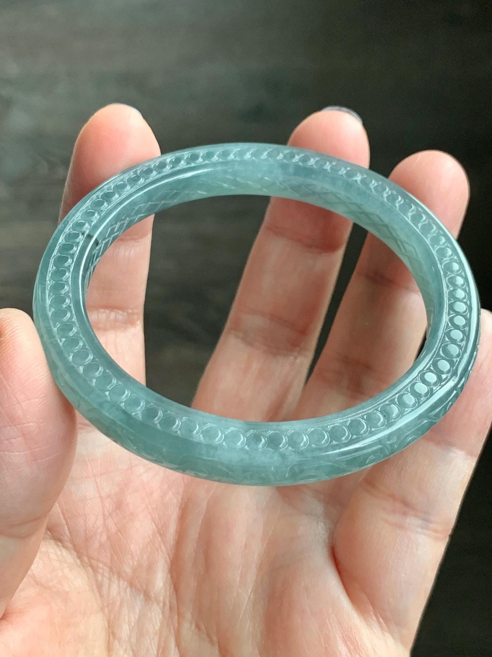 Certified Natural Guatemalan Icy Translucent Dusty Teal Green Jade Jadeite Carved Square Edged Bangle 52.4mm 6.5” As Is 天然冰危晴蓝翡翠仿古雕方镯手镯 475