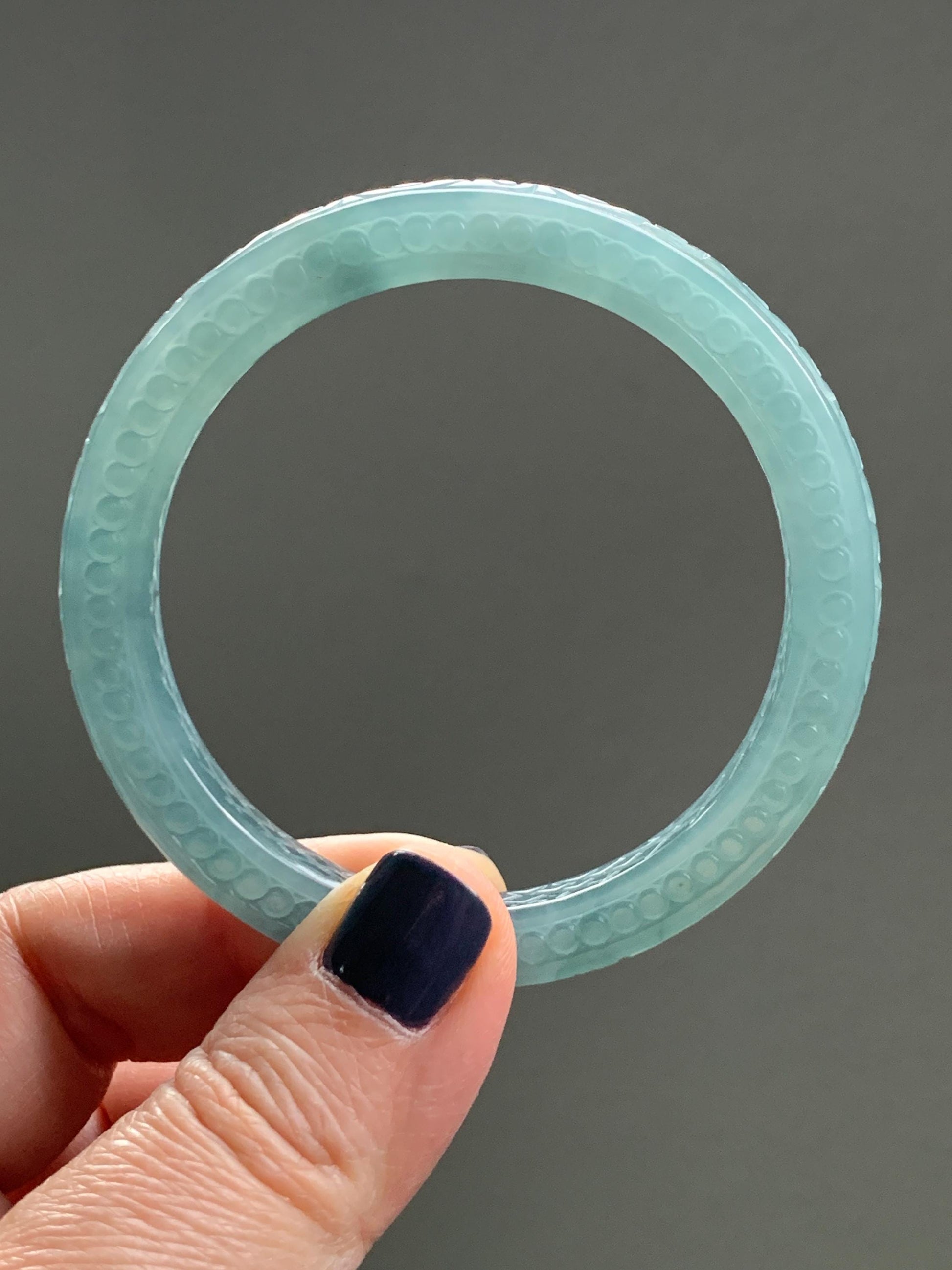 Certified Natural Guatemalan Icy Translucent Dusty Teal Green Jade Jadeite Carved Square Edged Bangle 52.4mm 6.5” As Is 天然冰危晴蓝翡翠仿古雕方镯手镯 475