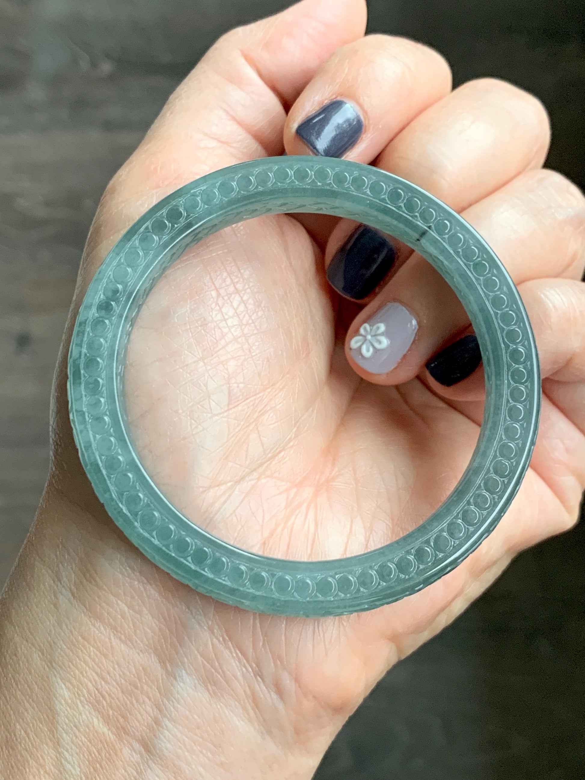 Certified Natural Guatemalan Icy Translucent Dusty Teal Green Jade Jadeite Carved Square Edged Bangle 52.4mm 6.5” As Is 天然冰危晴蓝翡翠仿古雕方镯手镯 475