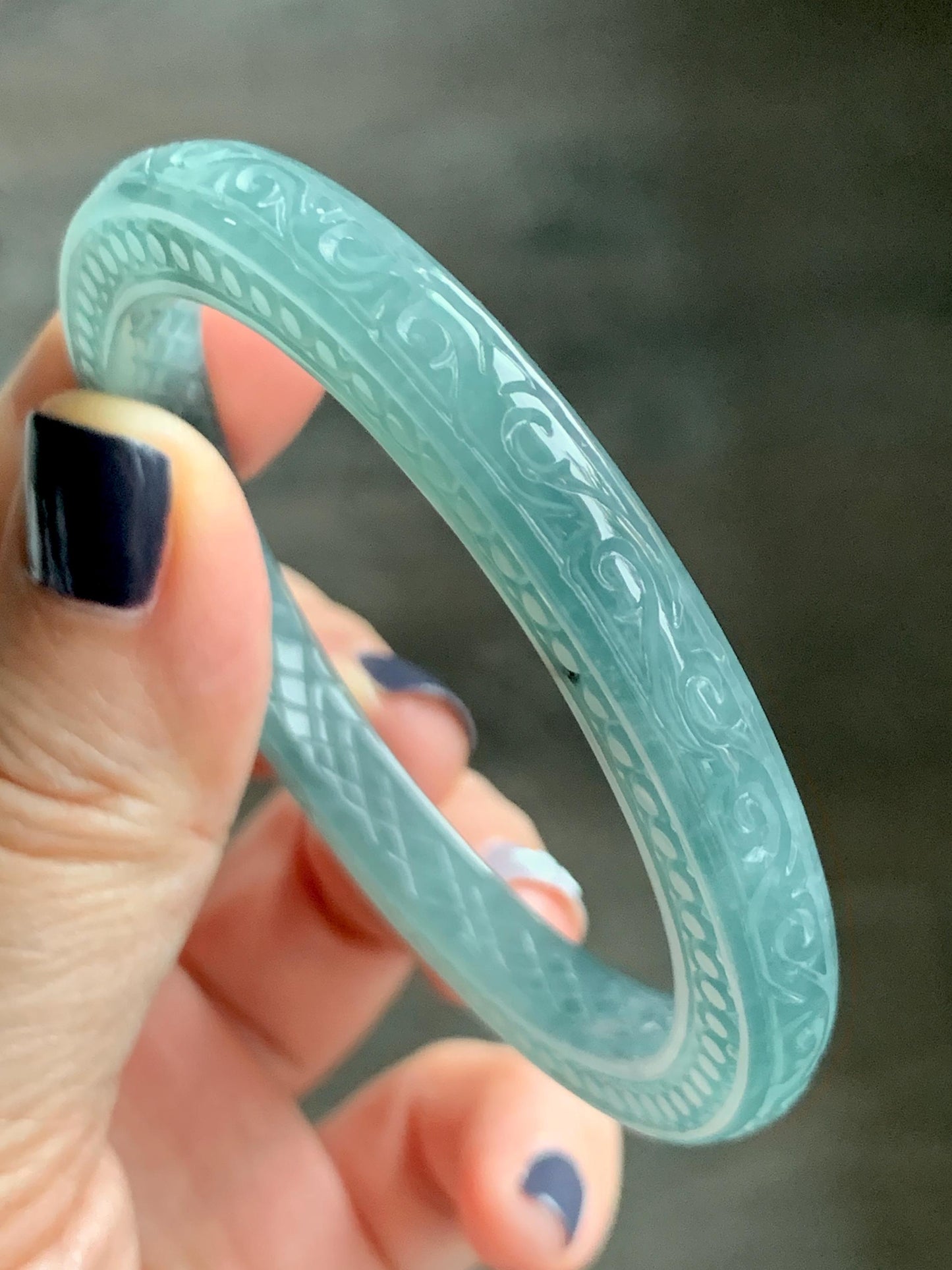 Certified Natural Guatemalan Icy Translucent Dusty Teal Green Jade Jadeite Carved Square Edged Bangle 52.4mm 6.5” As Is 天然冰危晴蓝翡翠仿古雕方镯手镯 475