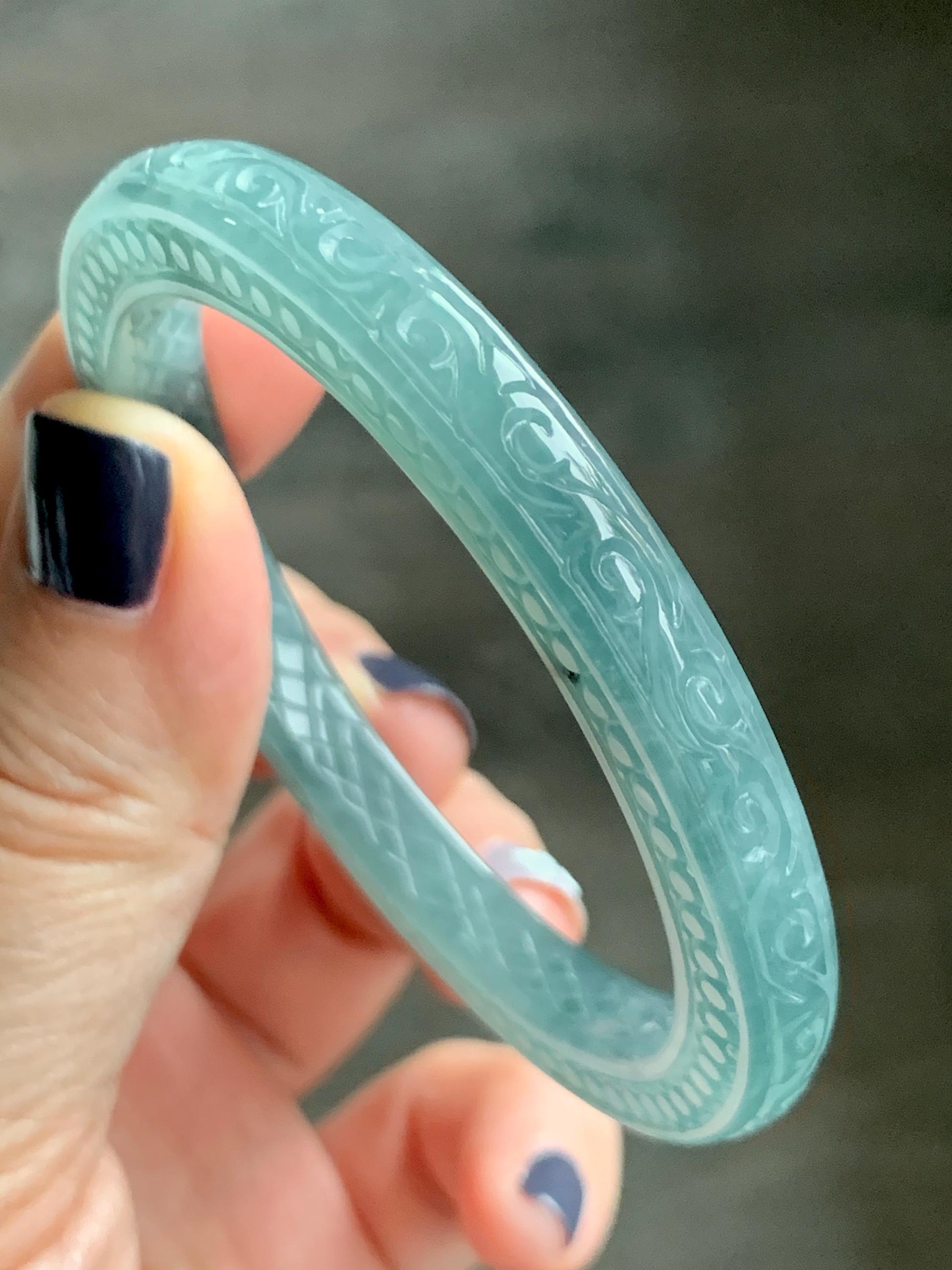 Certified Natural Guatemalan Icy Translucent Dusty Teal Green Jade Jadeite Carved Square Edged Bangle 52.4mm 6.5” As Is 天然冰危晴蓝翡翠仿古雕方镯手镯 475
