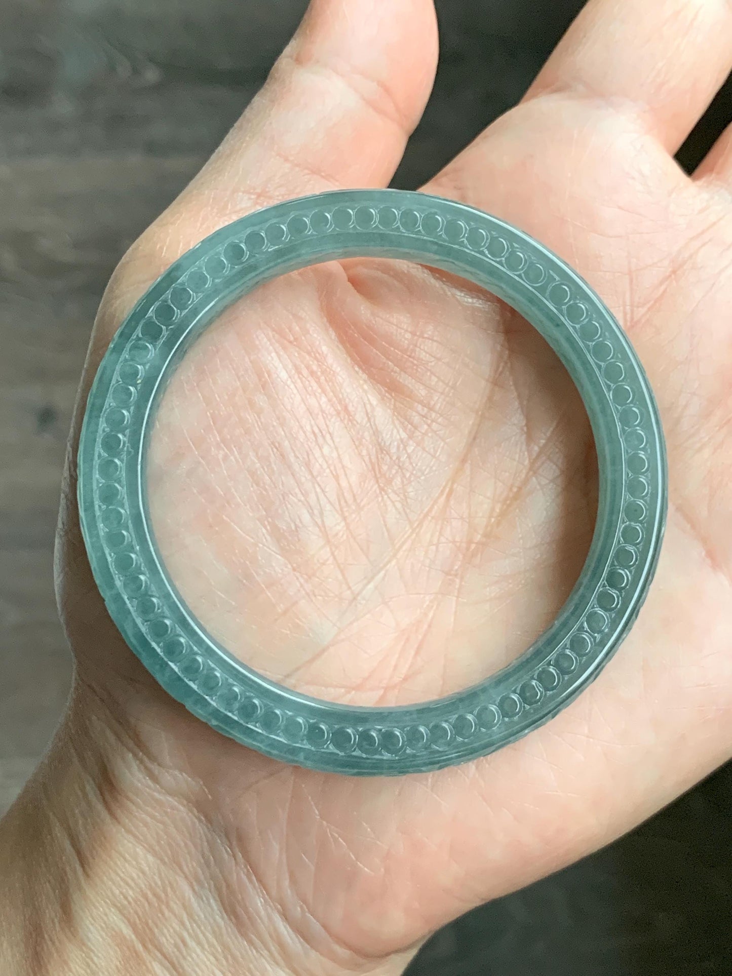 Certified Natural Guatemalan Icy Translucent Dusty Teal Green Jade Jadeite Carved Square Edged Bangle 52.4mm 6.5” As Is 天然冰危晴蓝翡翠仿古雕方镯手镯 475