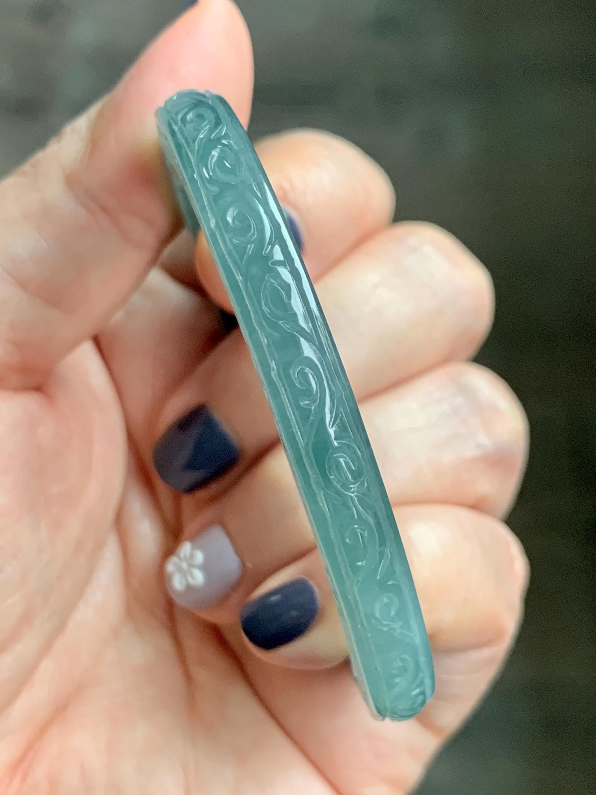 Certified Natural Guatemalan Icy Translucent Dusty Teal Green Jade Jadeite Carved Square Edged Bangle 52.4mm 6.5” As Is 天然冰危晴蓝翡翠仿古雕方镯手镯 475