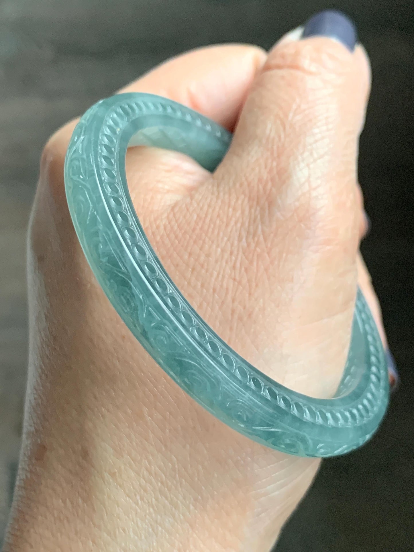 Certified Natural Guatemalan Icy Translucent Dusty Teal Green Jade Jadeite Carved Square Edged Bangle 52.4mm 6.5” As Is 天然冰危晴蓝翡翠仿古雕方镯手镯 475