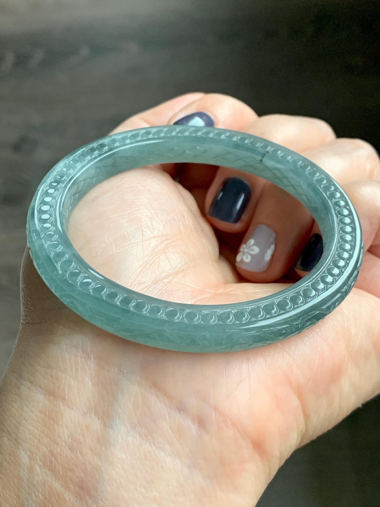 Certified Natural Guatemalan Icy Translucent Dusty Teal Green Jade Jadeite Carved Square Edged Bangle 52.4mm 6.5” As Is 天然冰危晴蓝翡翠仿古雕方镯手镯 475