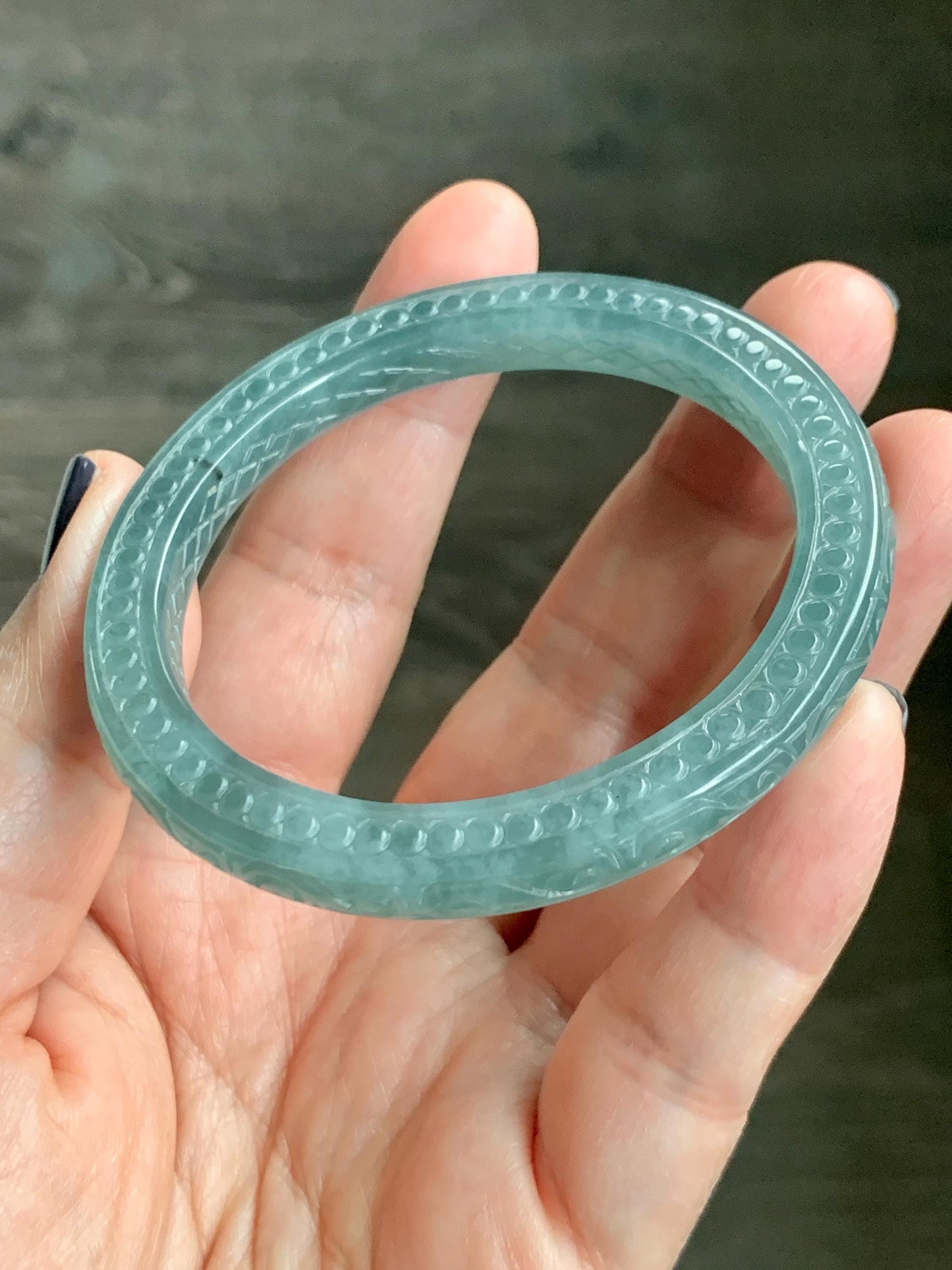Certified Natural Guatemalan Icy Translucent Dusty Teal Green Jade Jadeite Carved Square Edged Bangle 52.4mm 6.5” As Is 天然冰危晴蓝翡翠仿古雕方镯手镯 475