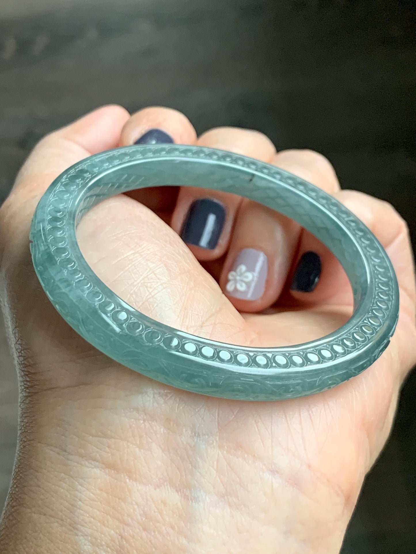 Certified Natural Guatemalan Icy Translucent Dusty Teal Green Jade Jadeite Carved Square Edged Bangle 52.4mm 6.5” As Is 天然冰危晴蓝翡翠仿古雕方镯手镯 475