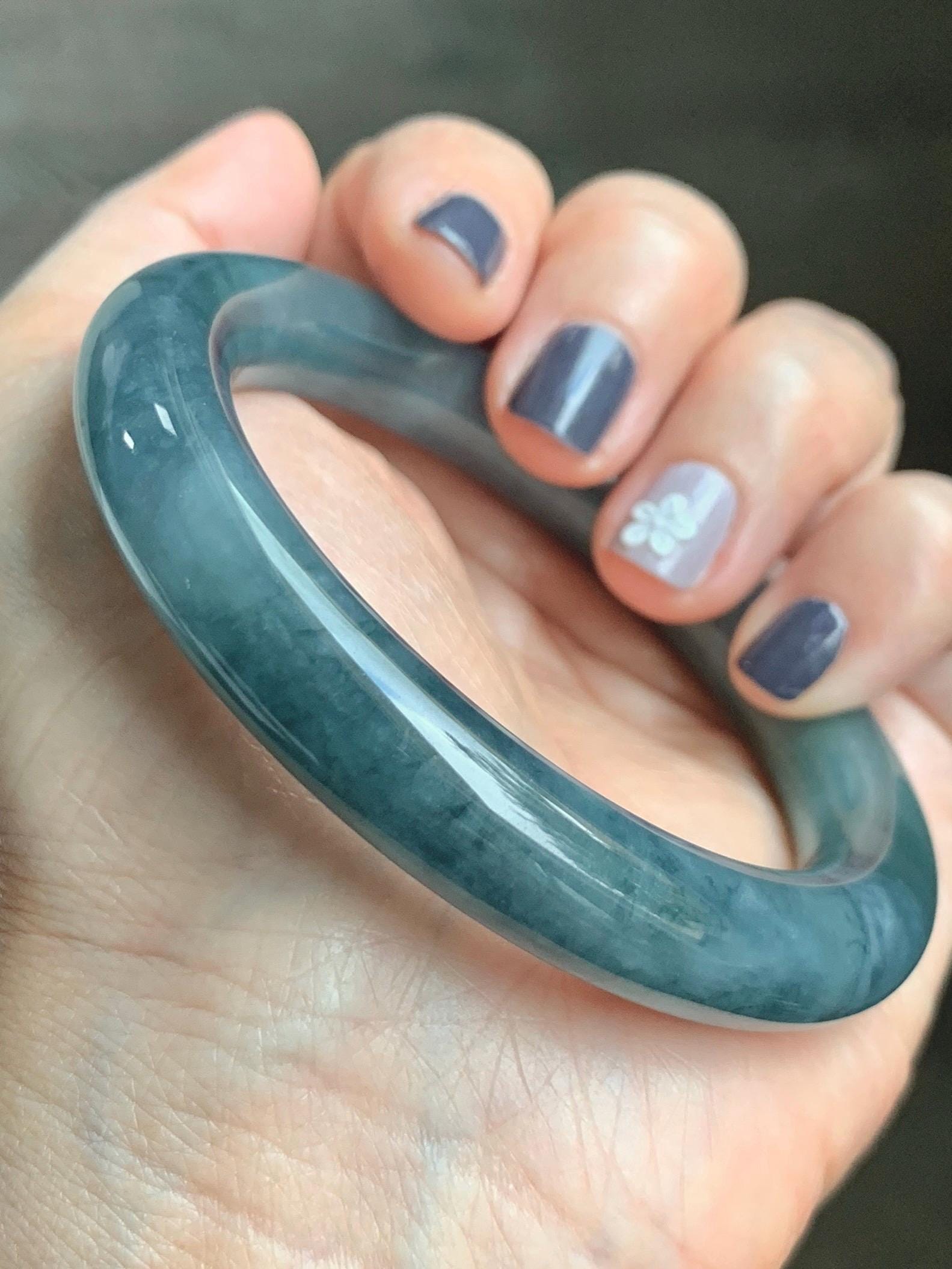 Certified Natural Grade A Guatemalan Icy Translucent Dusty Teal Blue Jade Jadeite Wide Bangle Bracelet 56.1mm 6.9” 天然冰危暗蓝莓紫翡翠粗圆条手镯 487