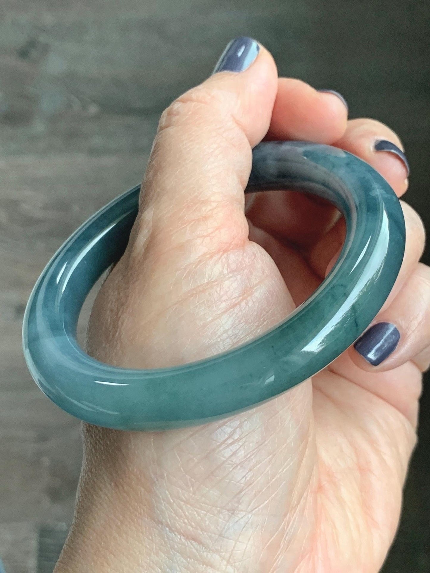 Certified Natural Grade A Guatemalan Icy Translucent Dusty Teal Blue Jade Jadeite Wide Bangle Bracelet 56.1mm 6.9” 天然冰危暗蓝莓紫翡翠粗圆条手镯 487