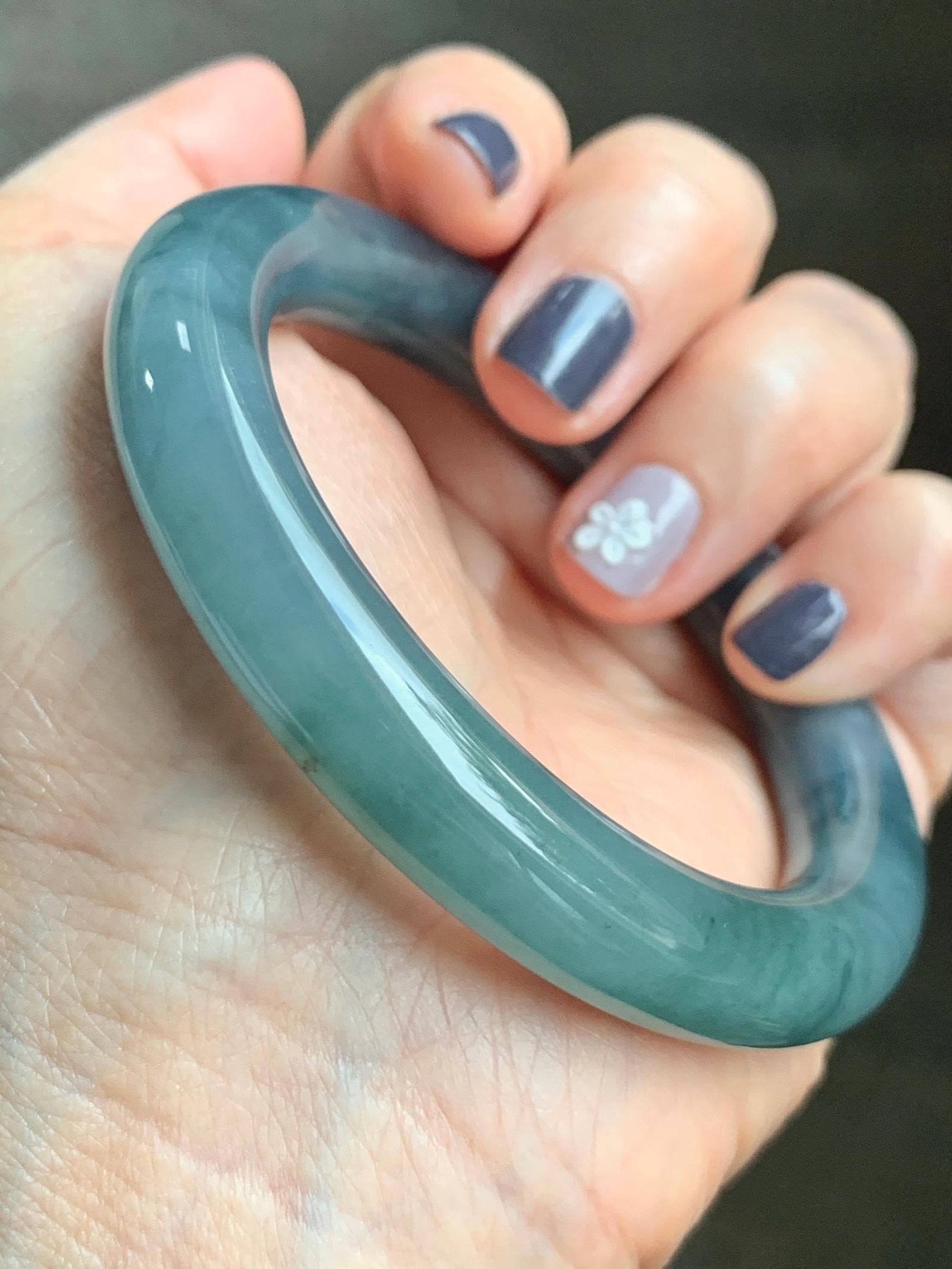 Certified Natural Grade A Guatemalan Icy Translucent Dusty Teal Blue Jade Jadeite Wide Bangle Bracelet 56.1mm 6.9” 天然冰危暗蓝莓紫翡翠粗圆条手镯 487