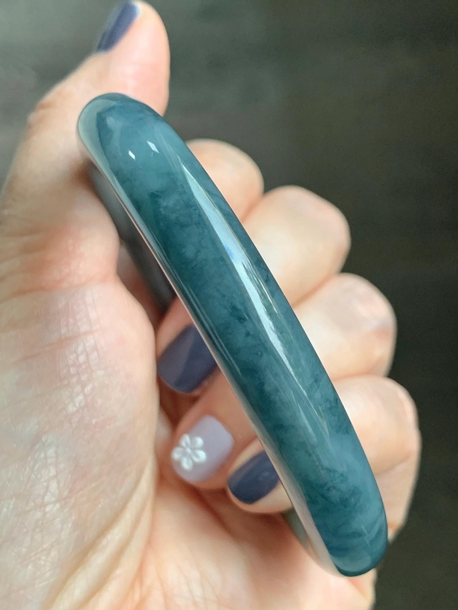 Certified Natural Grade A Guatemalan Icy Translucent Dusty Teal Blue Jade Jadeite Wide Bangle Bracelet 56.1mm 6.9” 天然冰危暗蓝莓紫翡翠粗圆条手镯 487