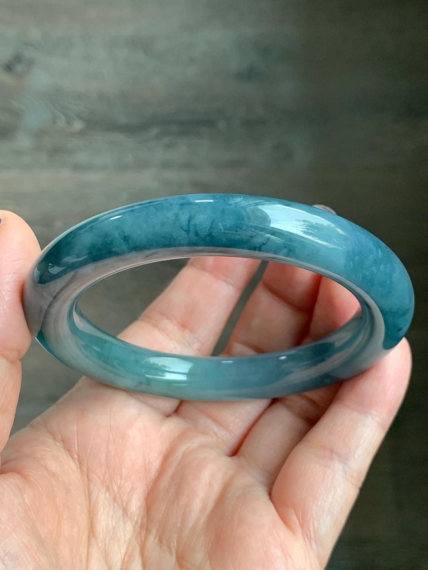 Certified Natural Grade A Guatemalan Icy Translucent Dusty Teal Blue Jade Jadeite Wide Bangle Bracelet 56.1mm 6.9” 天然冰危暗蓝莓紫翡翠粗圆条手镯 487