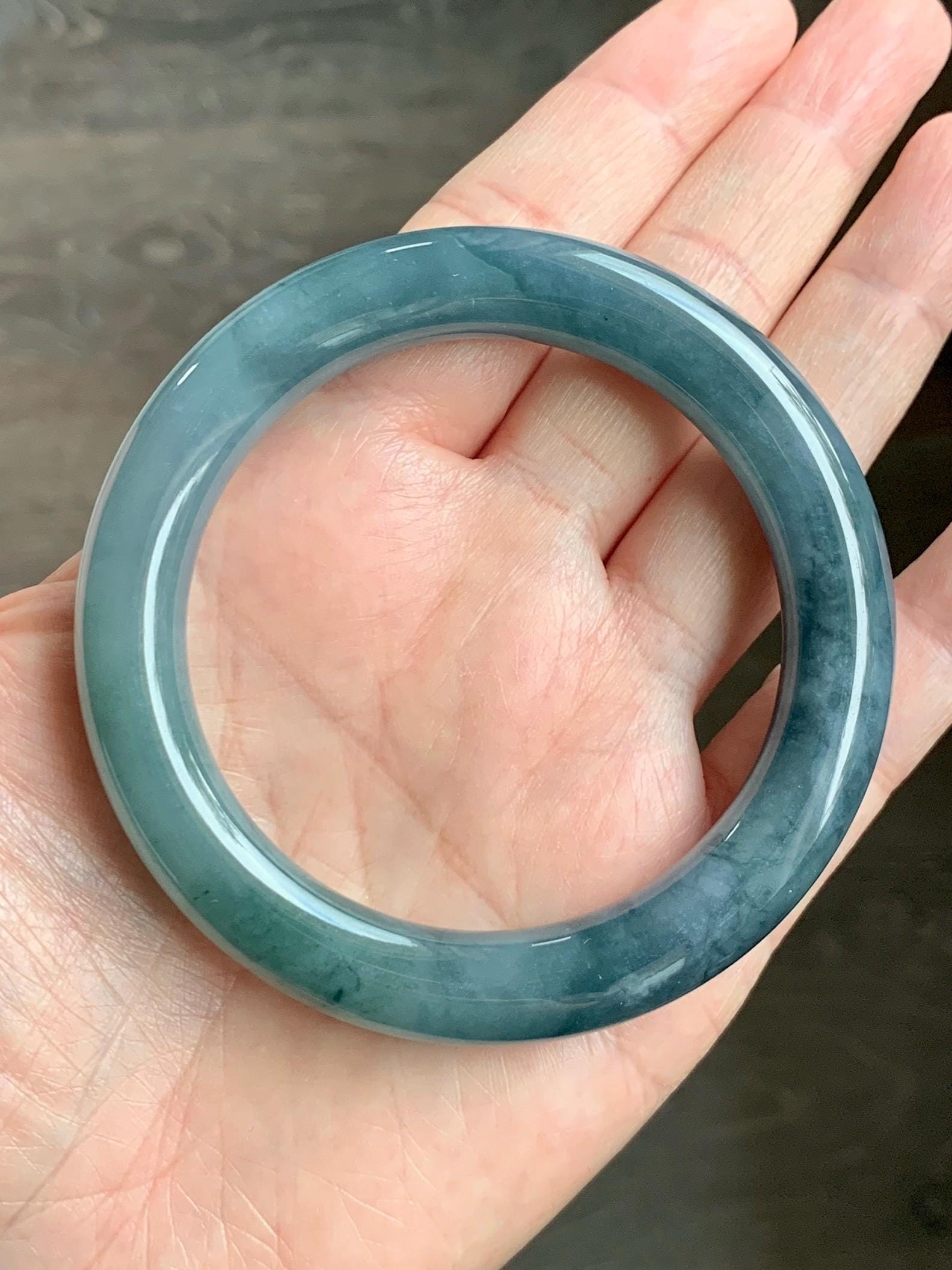 Certified Natural Grade A Guatemalan Icy Translucent Dusty Teal Blue Jade Jadeite Wide Bangle Bracelet 56.1mm 6.9” 天然冰危暗蓝莓紫翡翠粗圆条手镯 487