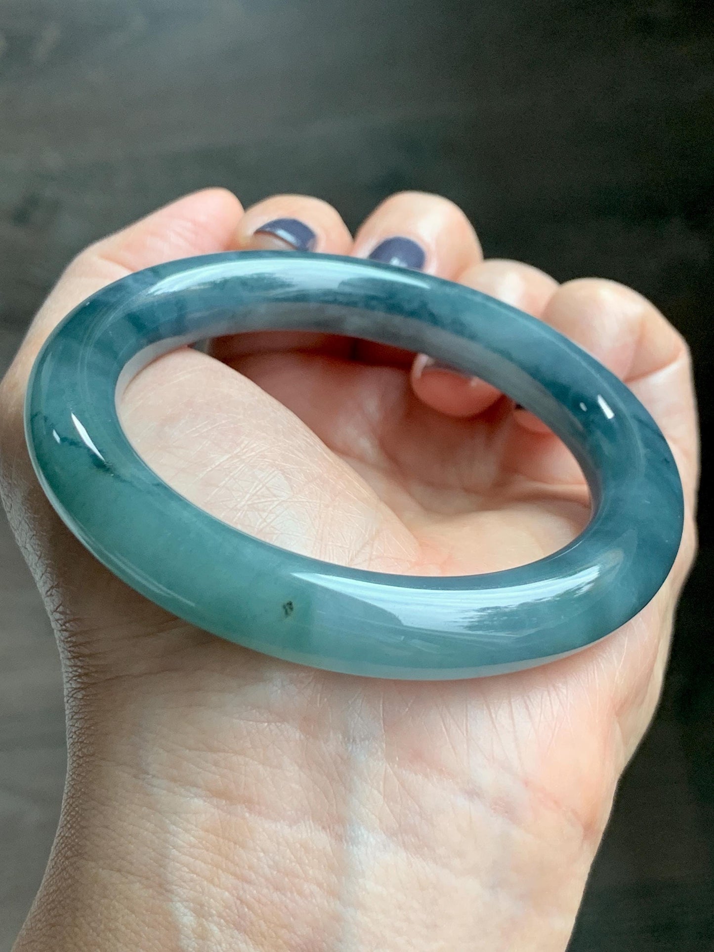 Certified Natural Grade A Guatemalan Icy Translucent Dusty Teal Blue Jade Jadeite Wide Bangle Bracelet 56.1mm 6.9” 天然冰危暗蓝莓紫翡翠粗圆条手镯 487