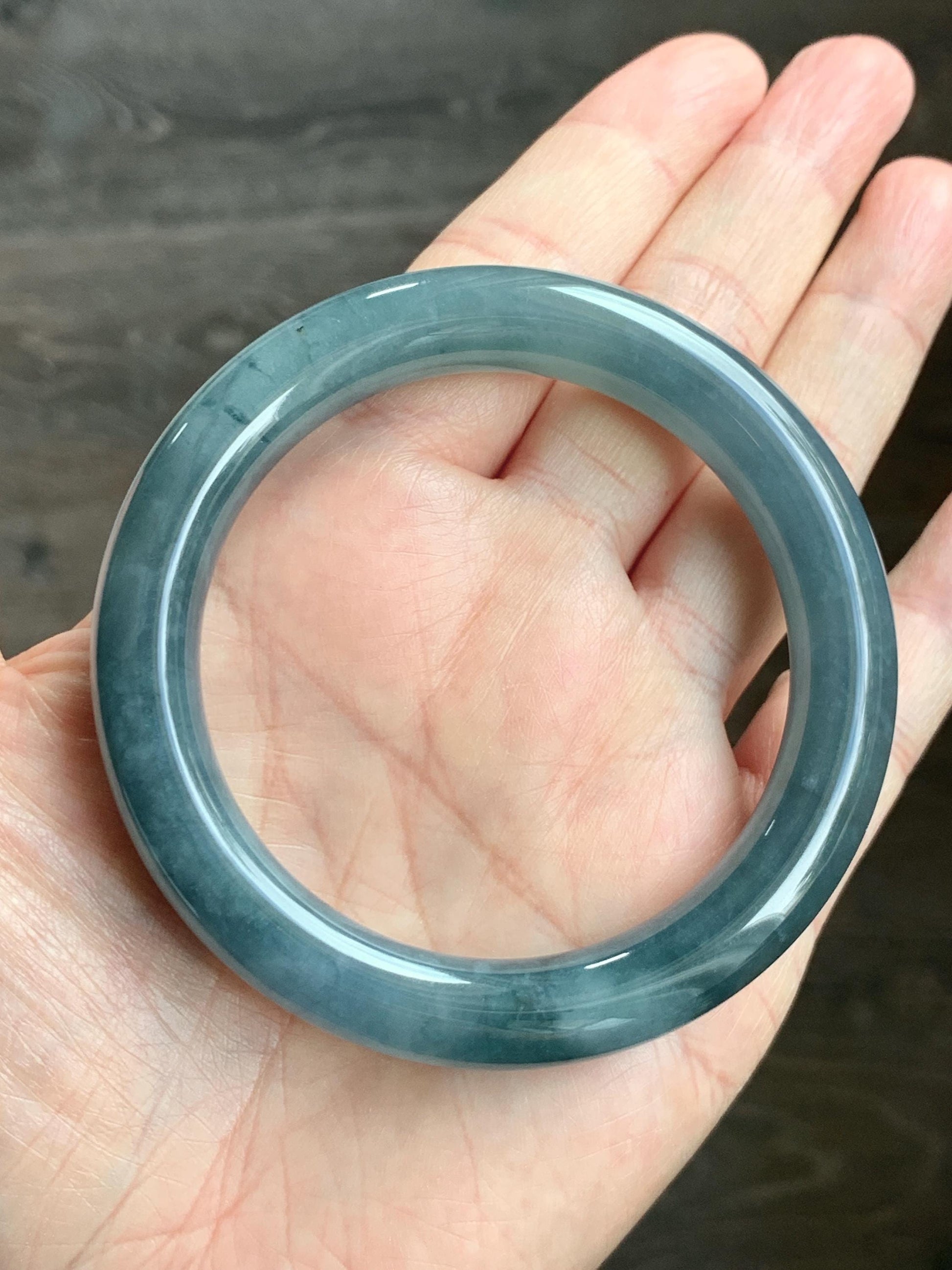 Certified Natural Grade A Guatemalan Icy Translucent Dusty Blueberry Blue Jade Jadeite Wide Bangle Bracelet 56.1mm 6.93” 天然冰危蓝莓紫翡翠粗圆条手镯 486