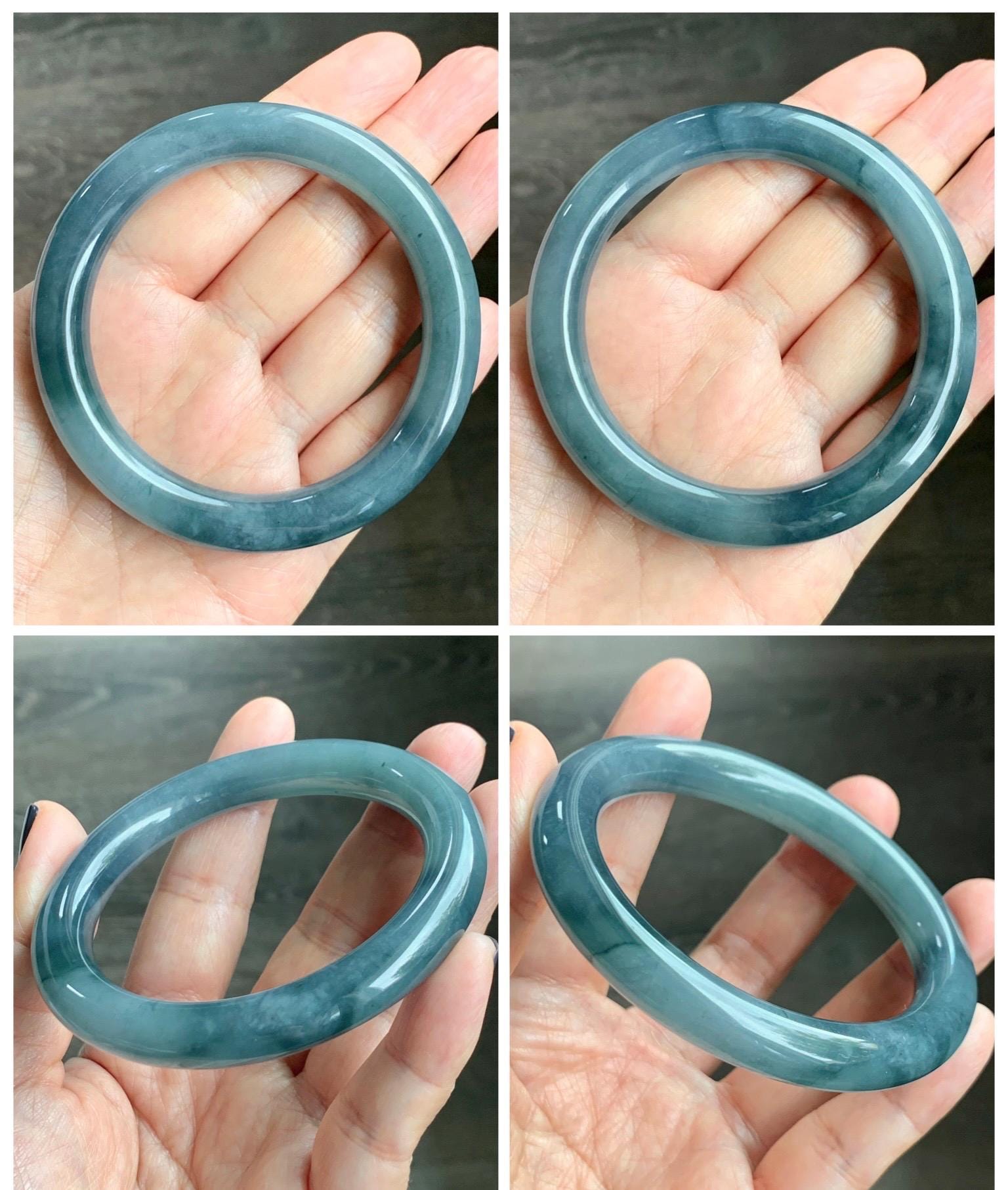 Certified Natural Grade A Guatemalan Icy Translucent Dusty Blueberry Blue Jade Jadeite Wide Bangle Bracelet 57mm 7” As Is 天然冰危蓝莓紫翡翠粗圆条手镯 485
