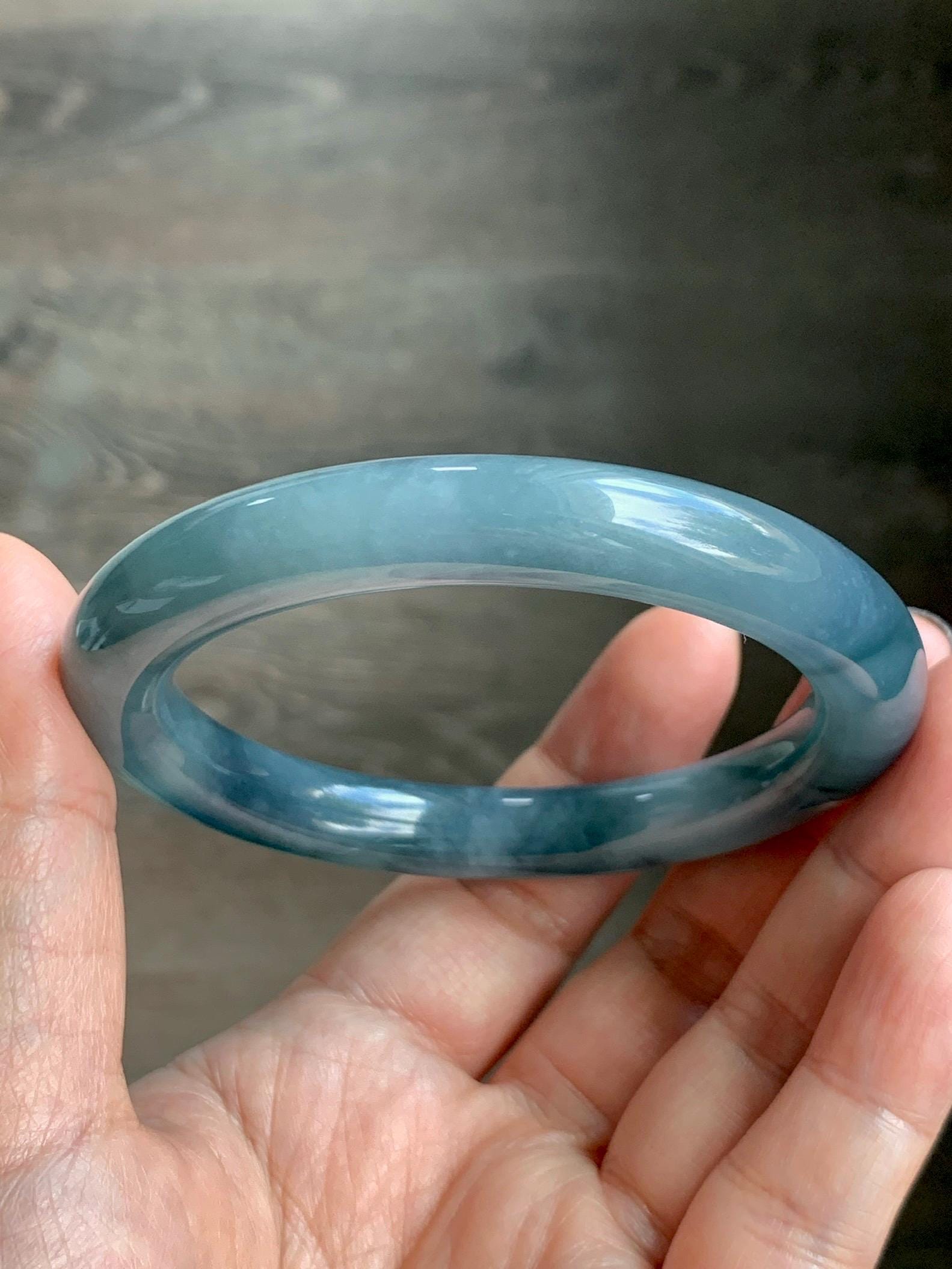 Certified Natural Grade A Guatemalan Icy Translucent Dusty Blueberry Blue Jade Jadeite Wide Bangle Bracelet 57mm 7” As Is 天然冰危蓝莓紫翡翠粗圆条手镯 485