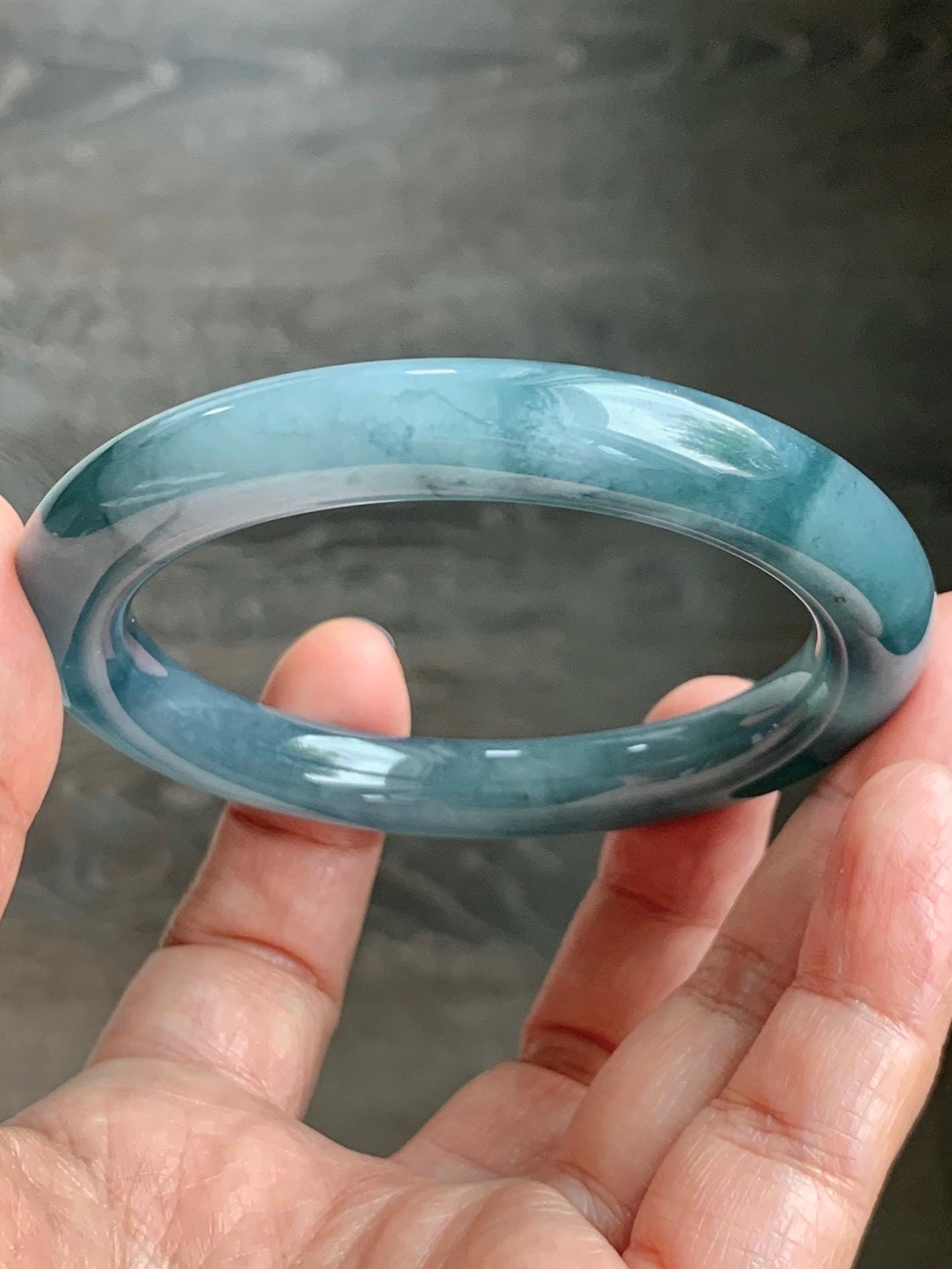 Certified Natural Grade A Guatemalan Icy Translucent Dusty Blueberry Blue Jade Jadeite Wide Bangle Bracelet 57mm 7” As Is 天然冰危蓝莓紫翡翠粗圆条手镯 485