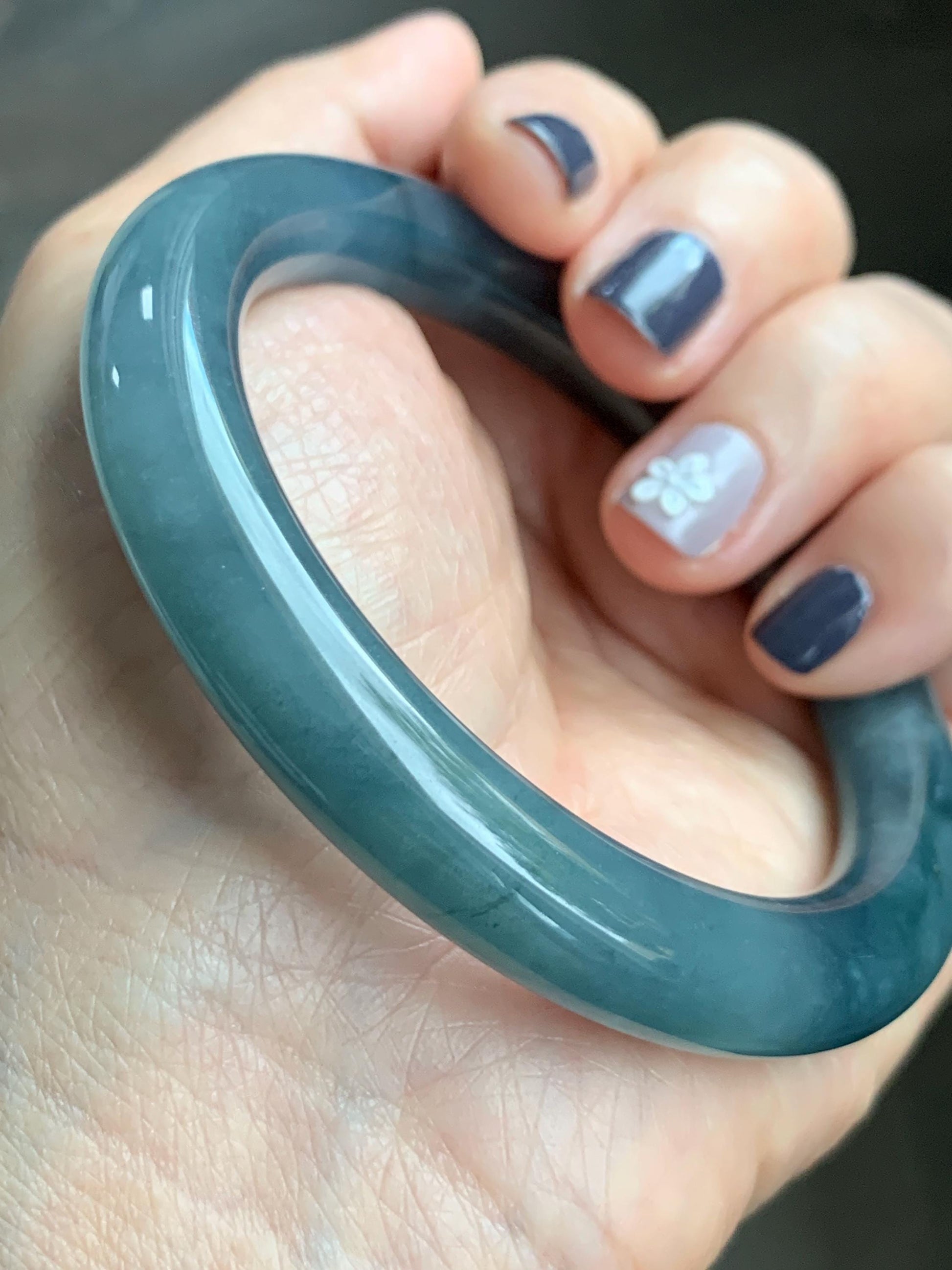 Certified Natural Grade A Guatemalan Icy Translucent Dusty Blueberry Blue Jade Jadeite Wide Bangle Bracelet 57mm 7” As Is 天然冰危蓝莓紫翡翠粗圆条手镯 485