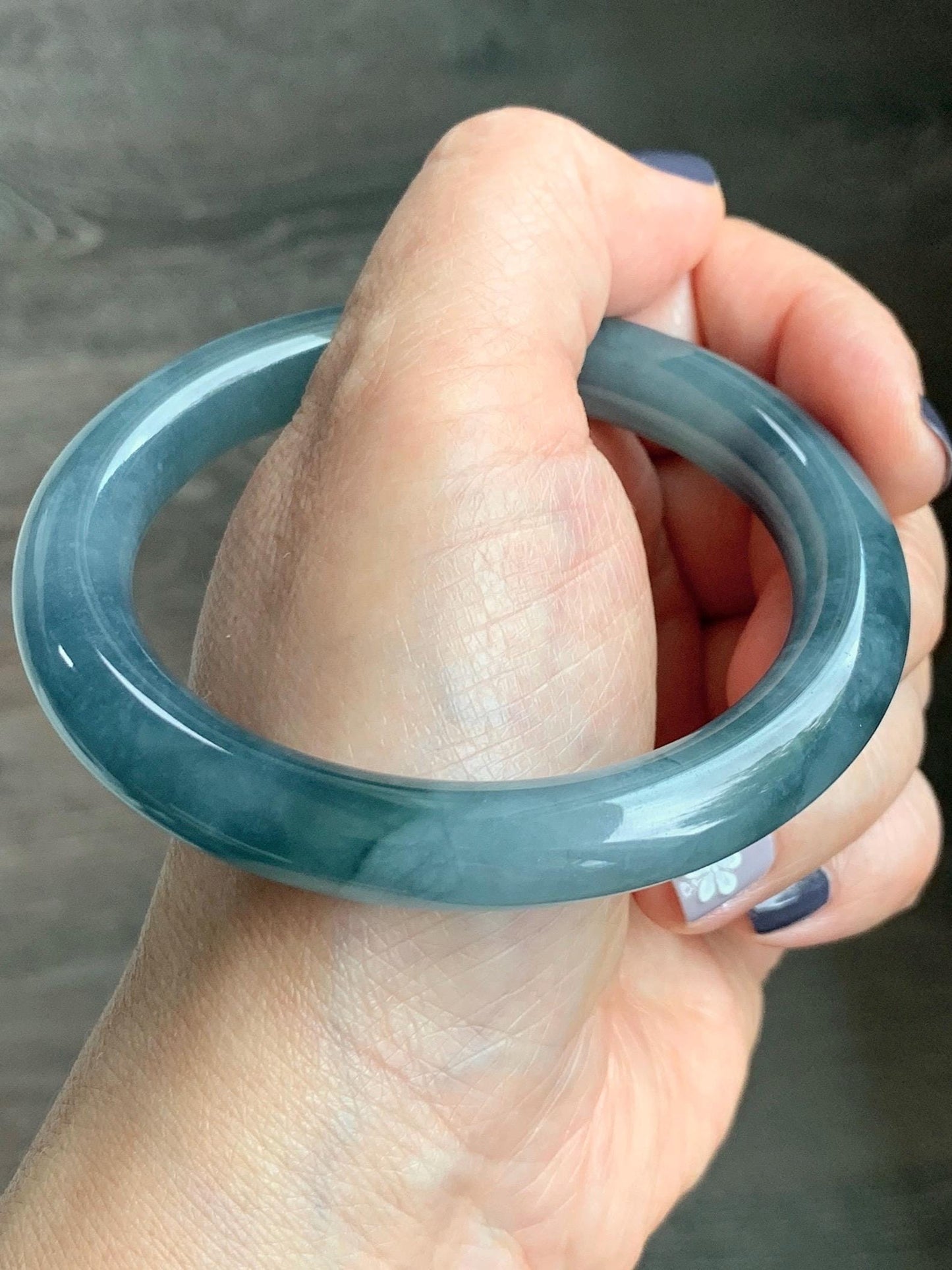 Certified Natural Grade A Guatemalan Icy Translucent Dusty Blueberry Blue Jade Jadeite Wide Bangle Bracelet 57mm 7” As Is 天然冰危蓝莓紫翡翠粗圆条手镯 485