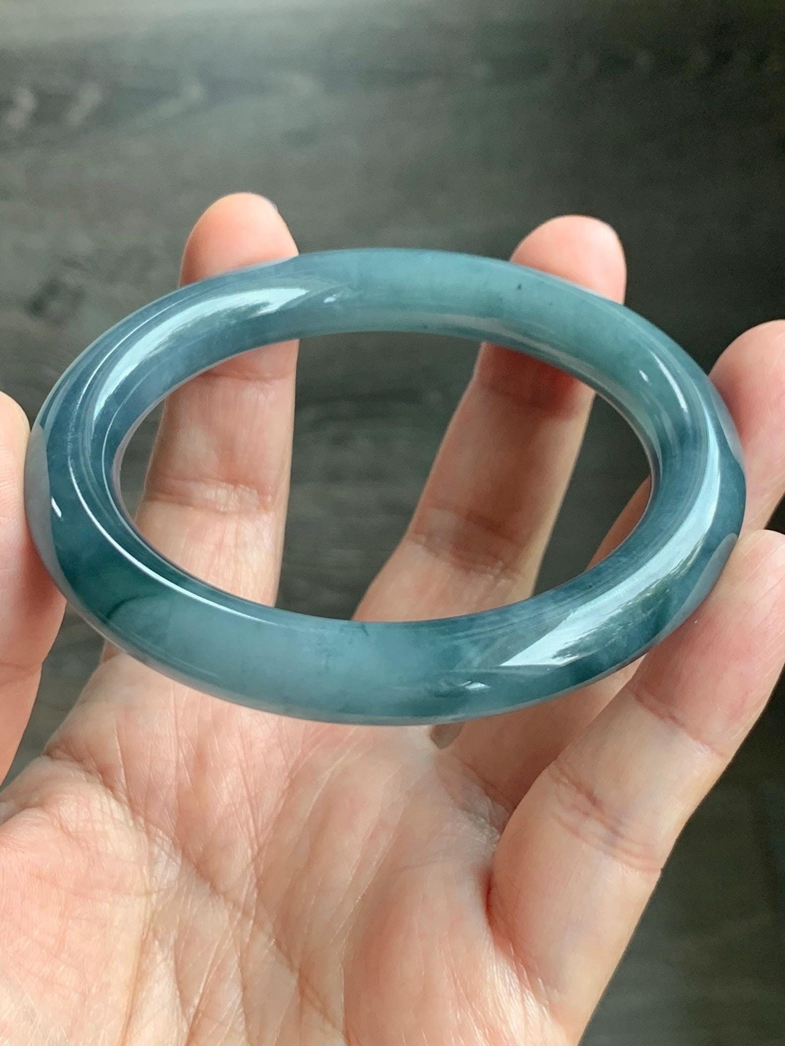 Certified Natural Grade A Guatemalan Icy Translucent Dusty Blueberry Blue Jade Jadeite Wide Bangle Bracelet 57mm 7” As Is 天然冰危蓝莓紫翡翠粗圆条手镯 485