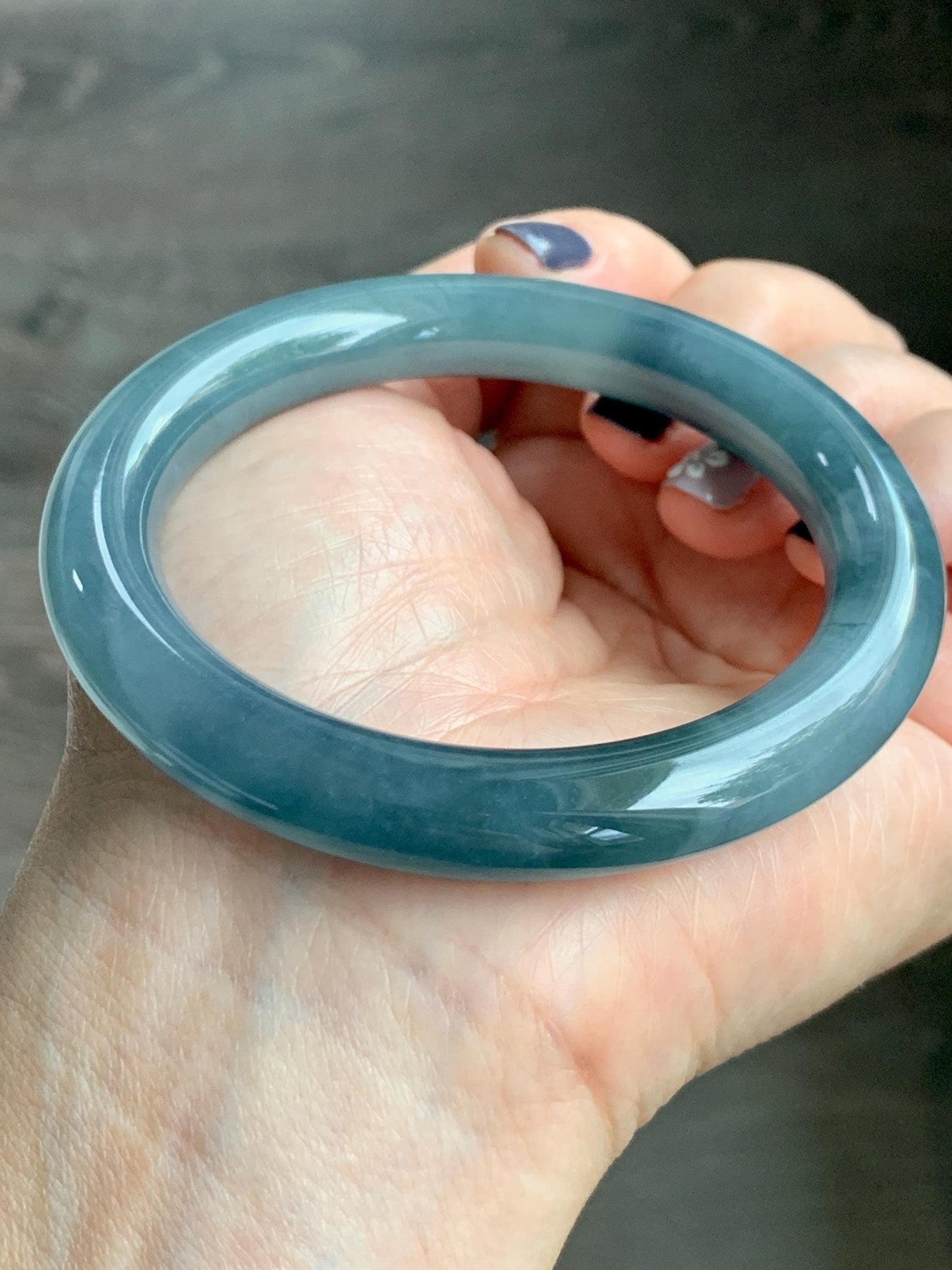 Certified Natural Grade A Guatemalan Icy Translucent Dusty Blueberry Blue Jade Jadeite Wide Bangle Bracelet 57mm 7” As Is 天然冰危蓝莓紫翡翠粗圆条手镯 485