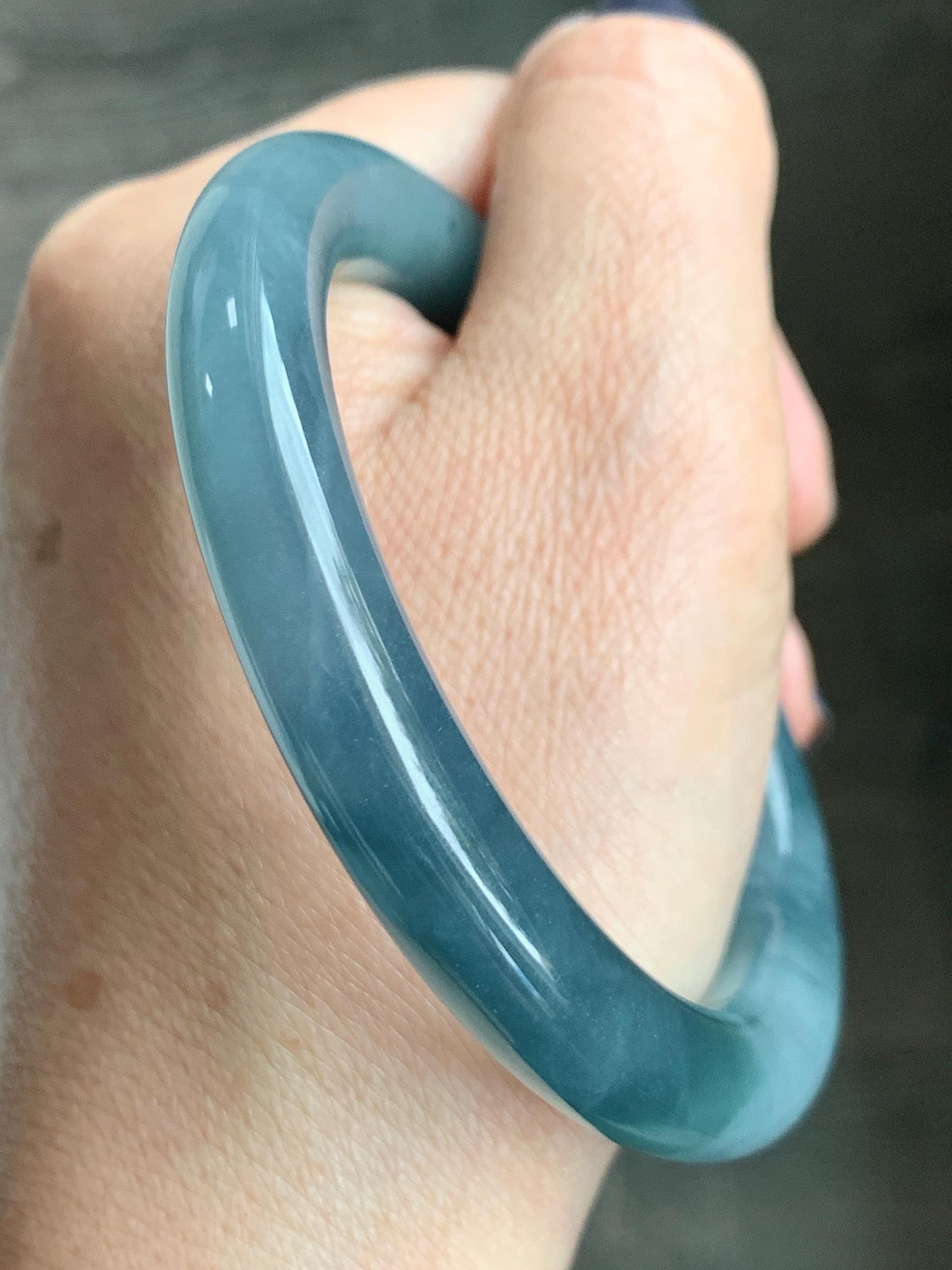 Certified Natural Grade A Guatemalan Icy Translucent Dusty Blueberry Blue Jade Jadeite Wide Bangle Bracelet 57mm 7” As Is 天然冰危蓝莓紫翡翠粗圆条手镯 485