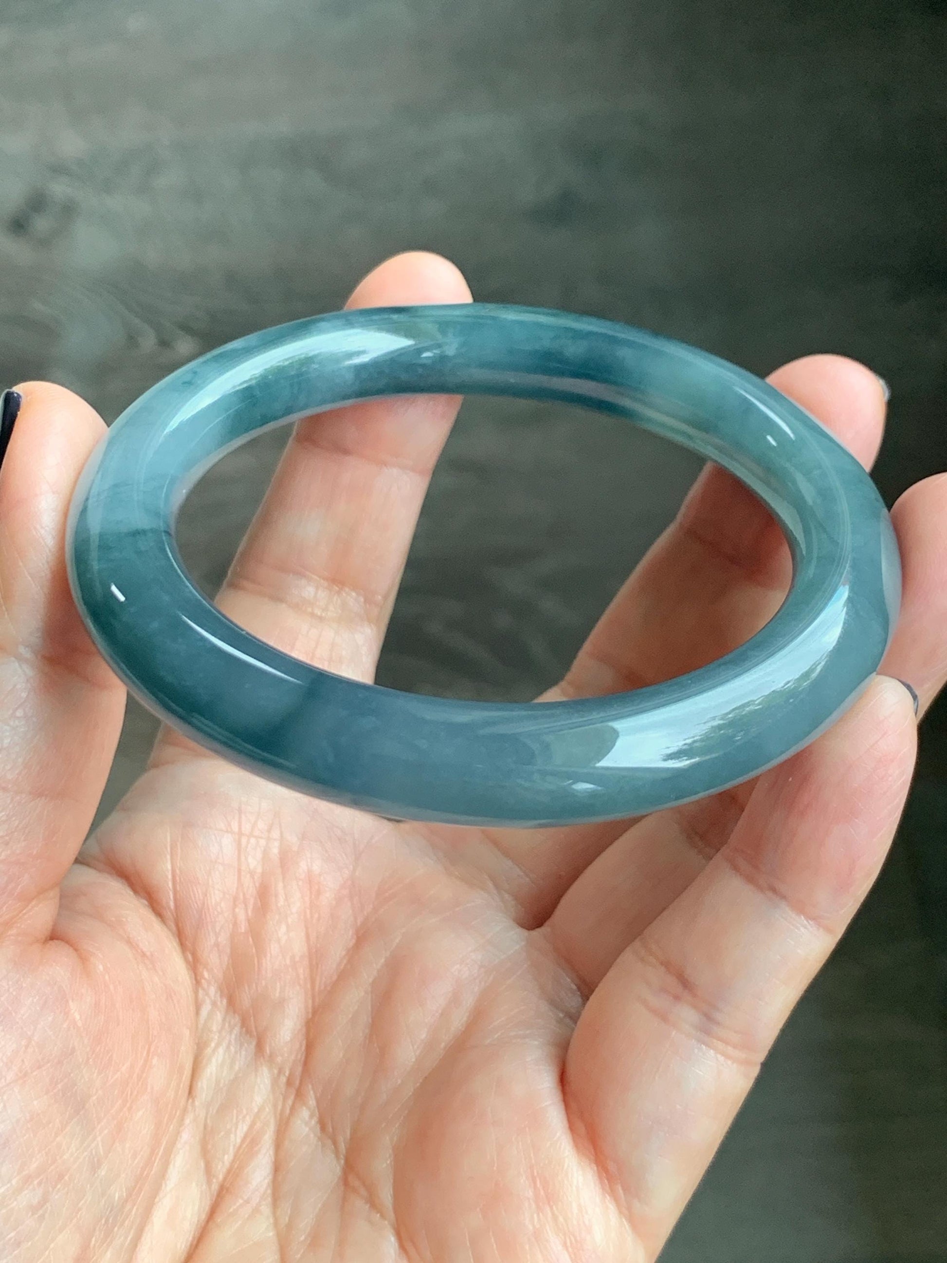 Certified Natural Grade A Guatemalan Icy Translucent Dusty Blueberry Blue Jade Jadeite Wide Bangle Bracelet 57mm 7” As Is 天然冰危蓝莓紫翡翠粗圆条手镯 485