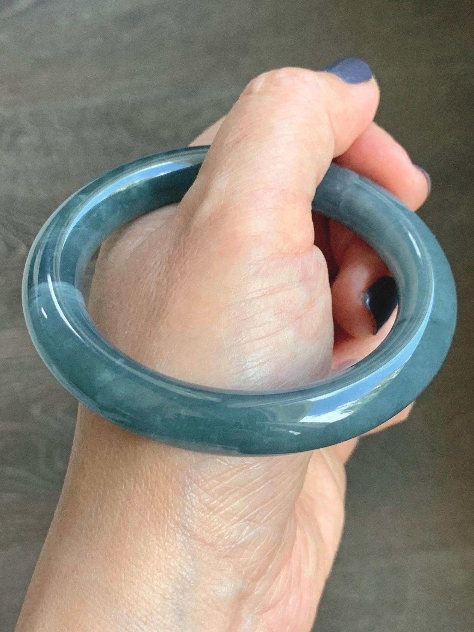 Certified Natural Grade A Guatemalan Icy Translucent Dusty Blueberry Blue Jade Jadeite Wide Bangle Bracelet 56.1mm 6.93” 天然冰危蓝莓紫翡翠粗圆条手镯 484