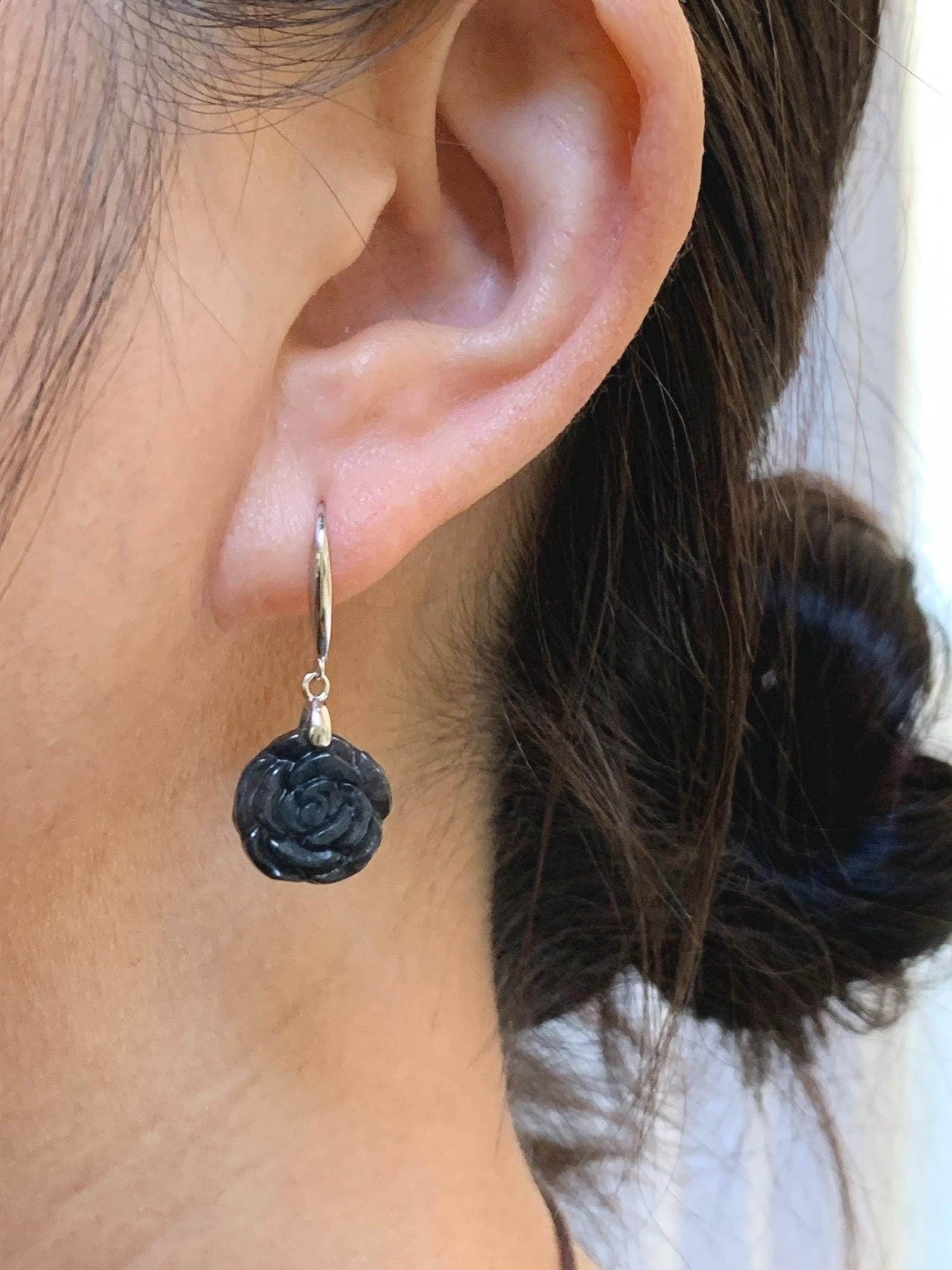 Natural Grade A Icy Translucent Dark Wuji Jade Jadeite Carved Rose Dangle Earrings Sterling Silver 天然冰乌鸡翡翠玫瑰花耳钩 MWJR90