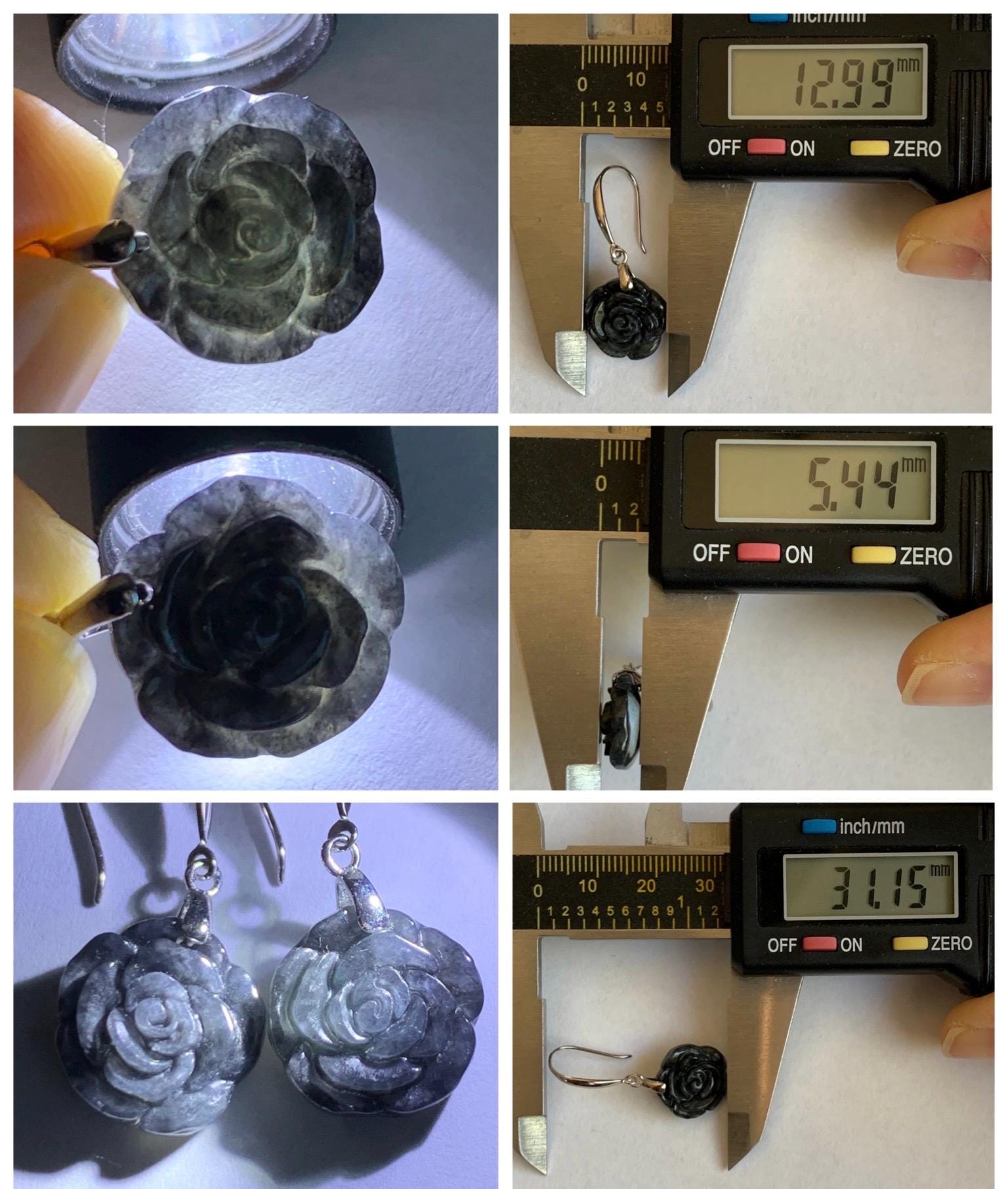 Natural Grade A Icy Translucent Dark Wuji Jade Jadeite Carved Rose Dangle Earrings Sterling Silver 天然冰乌鸡翡翠玫瑰花耳钩 MWJR90