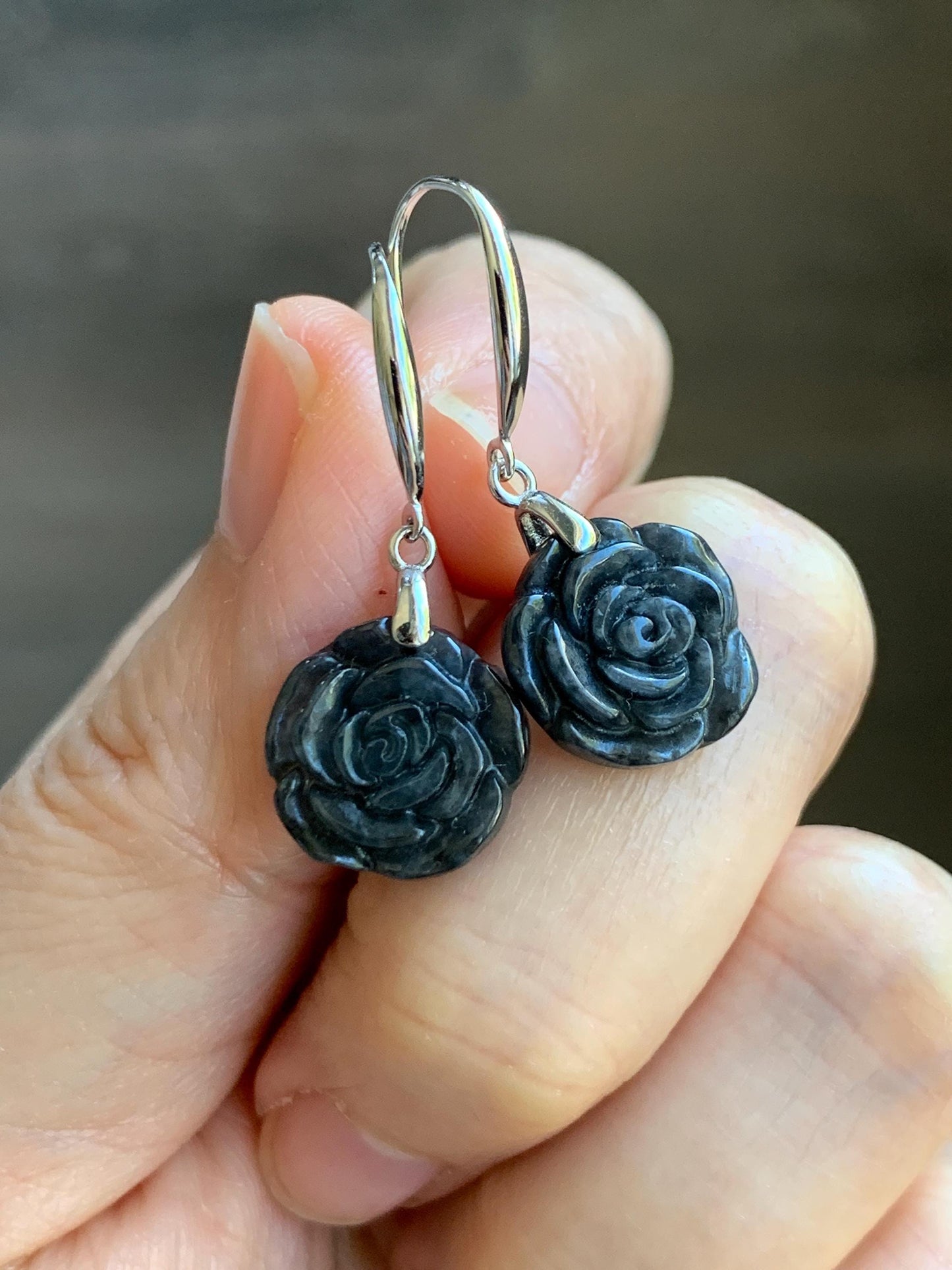 Natural Grade A Icy Translucent Dark Wuji Jade Jadeite Carved Rose Dangle Earrings Sterling Silver 天然冰乌鸡翡翠玫瑰花耳钩 MWJR90