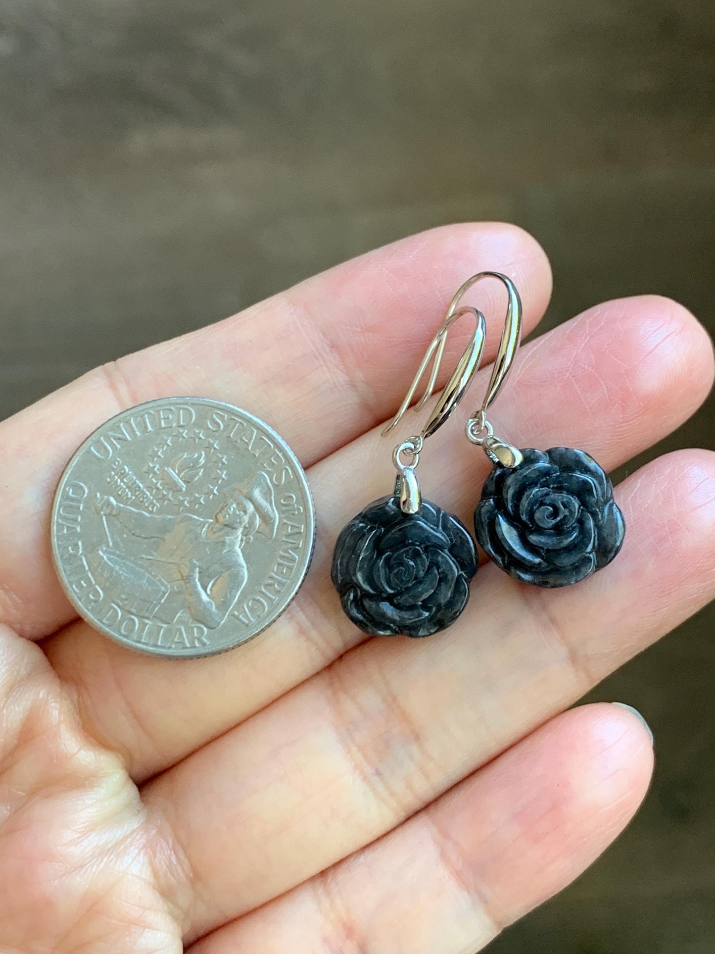 Natural Grade A Icy Translucent Dark Wuji Jade Jadeite Carved Rose Dangle Earrings Sterling Silver 天然冰乌鸡翡翠玫瑰花耳钩 MWJR90