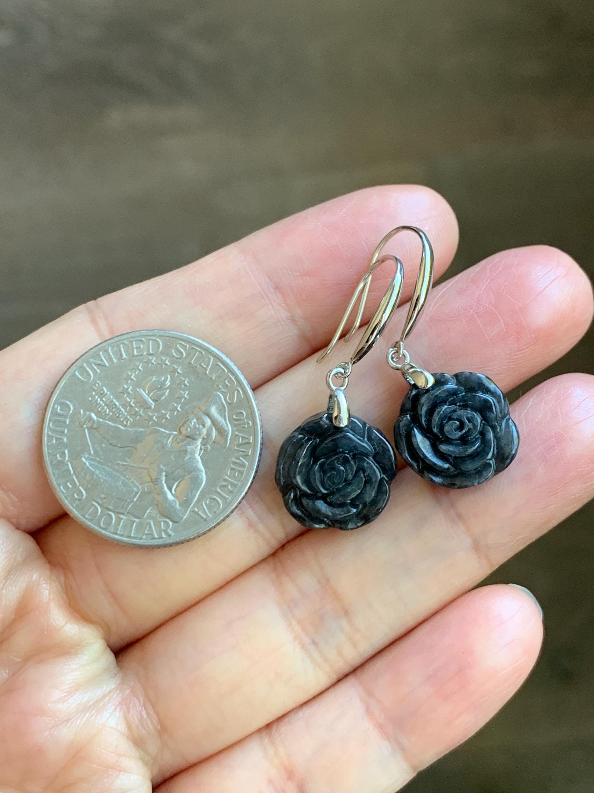 Natural Grade A Icy Translucent Dark Wuji Jade Jadeite Carved Rose Dangle Earrings Sterling Silver 天然冰乌鸡翡翠玫瑰花耳钩 MWJR90