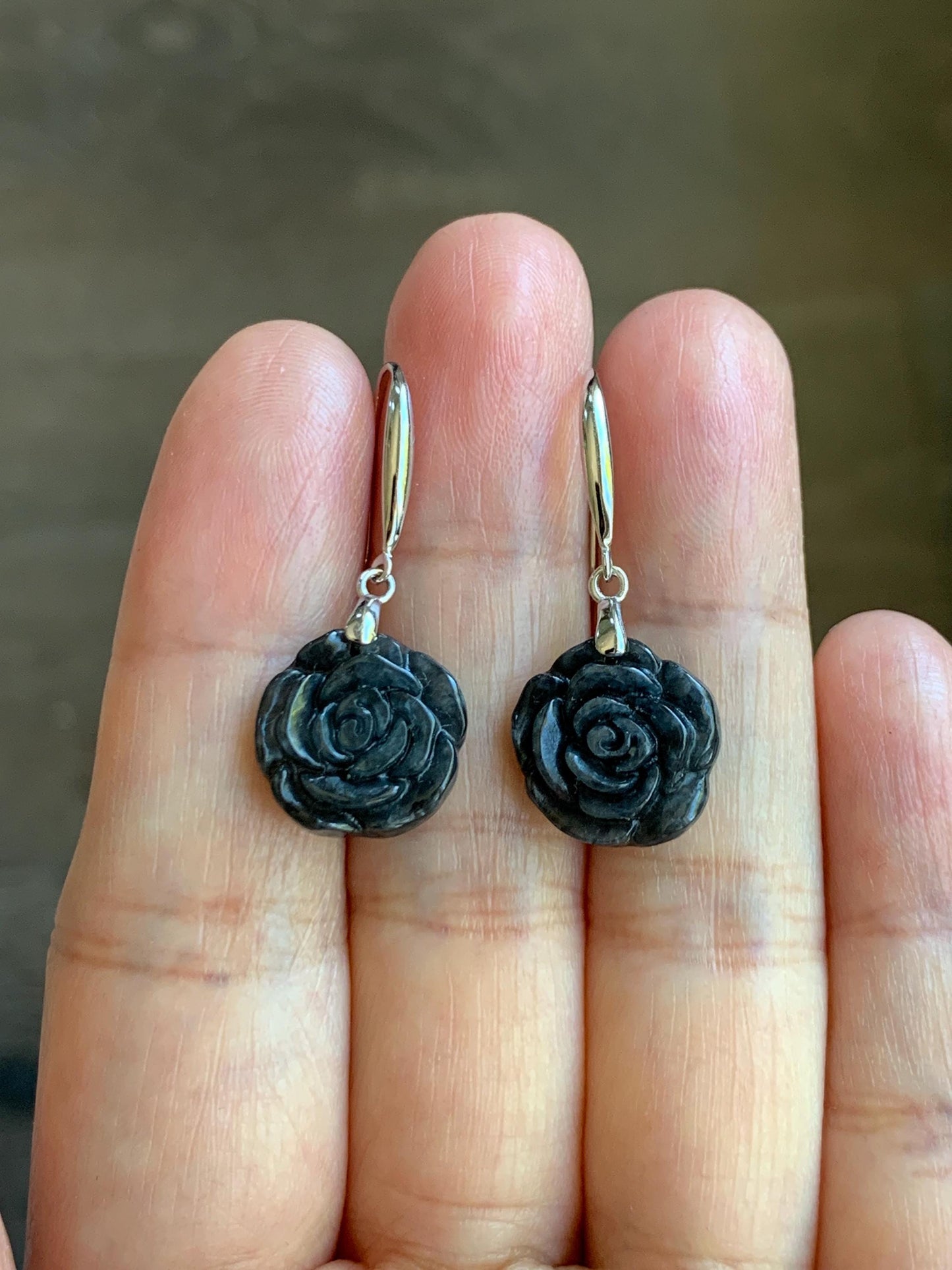 Natural Grade A Icy Translucent Dark Wuji Jade Jadeite Carved Rose Dangle Earrings Sterling Silver 天然冰乌鸡翡翠玫瑰花耳钩 MWJR90