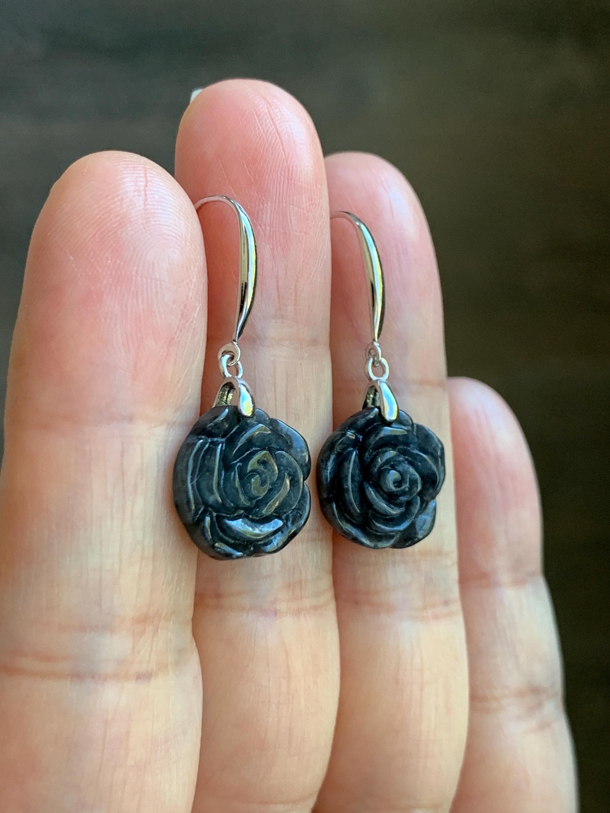 Natural Grade A Icy Translucent Dark Wuji Jade Jadeite Carved Rose Dangle Earrings Sterling Silver 天然冰乌鸡翡翠玫瑰花耳钩 MWJR90