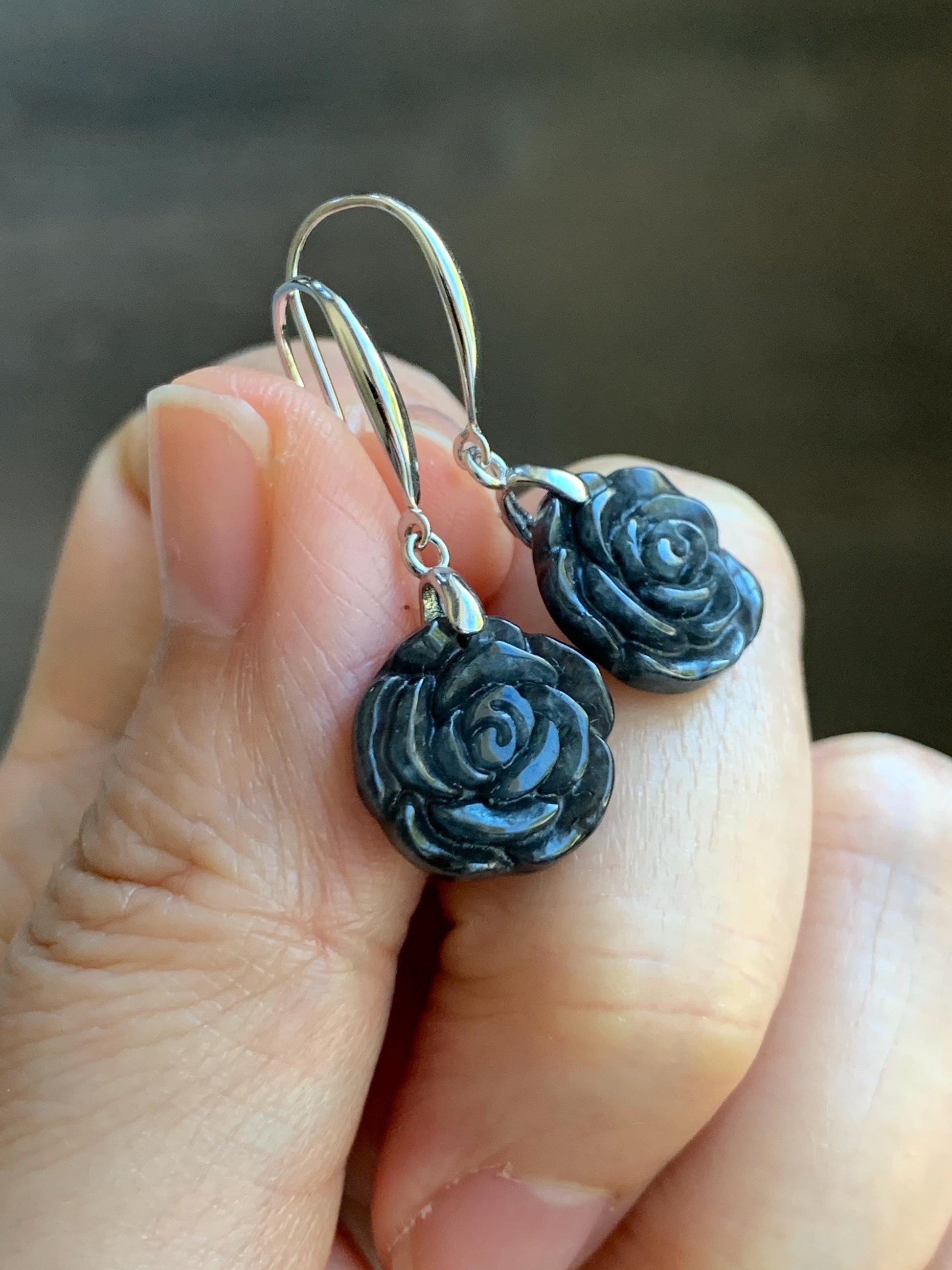 Natural Grade A Icy Translucent Dark Wuji Jade Jadeite Carved Rose Dangle Earrings Sterling Silver 天然冰乌鸡翡翠玫瑰花耳钩 MWJR90
