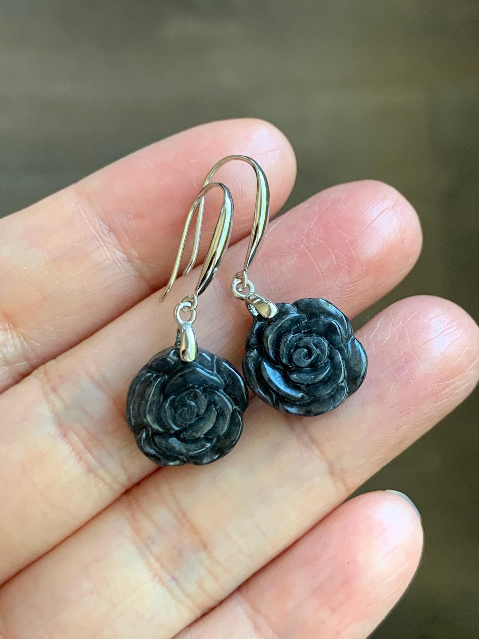Natural Grade A Icy Translucent Dark Wuji Jade Jadeite Carved Rose Dangle Earrings Sterling Silver 天然冰乌鸡翡翠玫瑰花耳钩 MWJR90