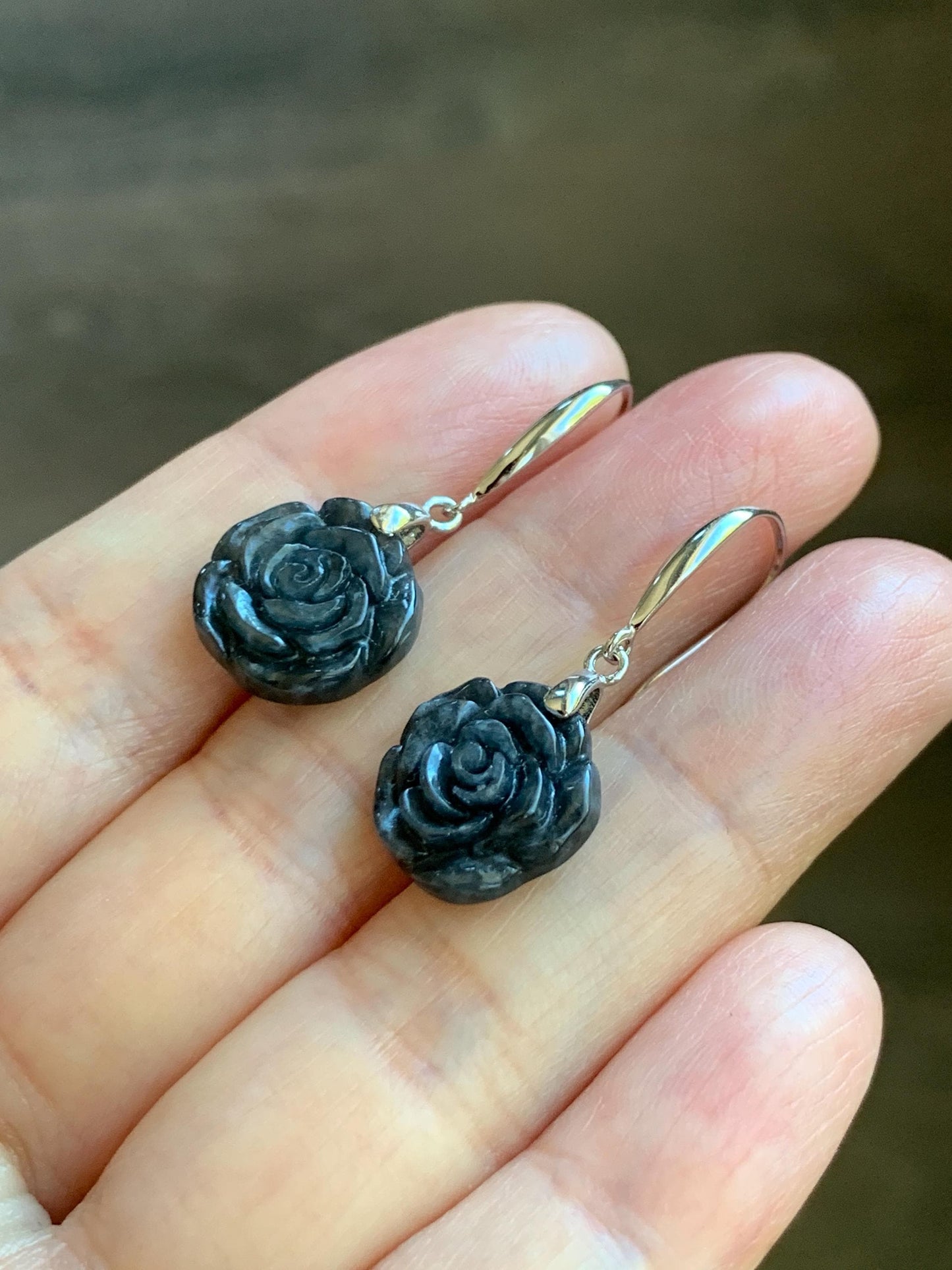 Natural Grade A Icy Translucent Dark Wuji Jade Jadeite Carved Rose Dangle Earrings Sterling Silver 天然冰乌鸡翡翠玫瑰花耳钩 MWJR90