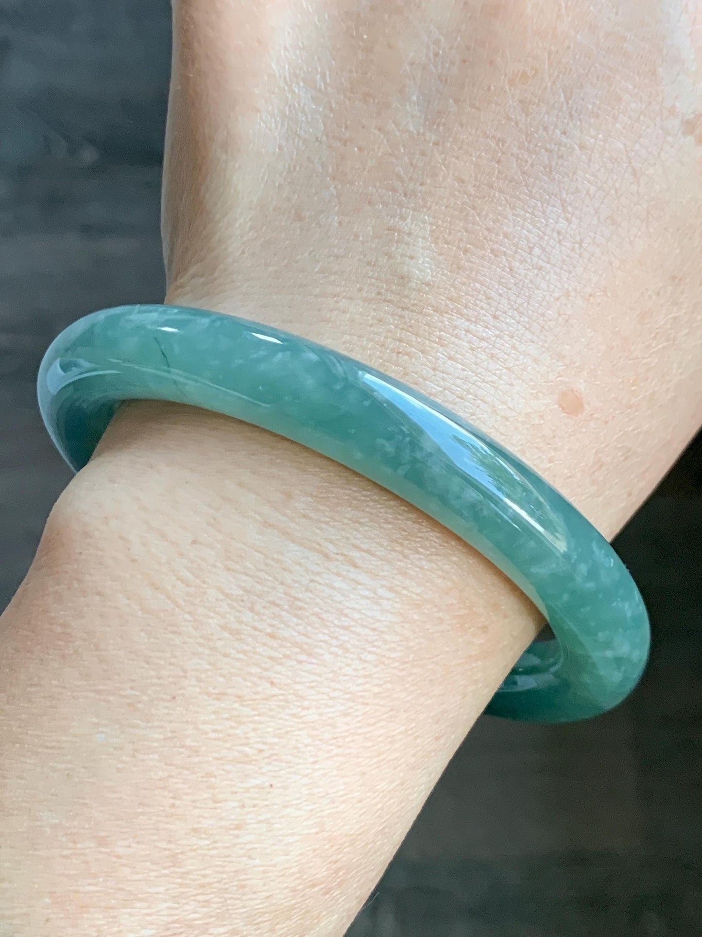 Certified Natural Grade A Guatemalan Icy Translucent Dusty Teal Green Jade Jadeite Wide Bangle Bracelet 59mm 7.29” 天然冰危暗蓝绿翡翠粗圆条手镯 511