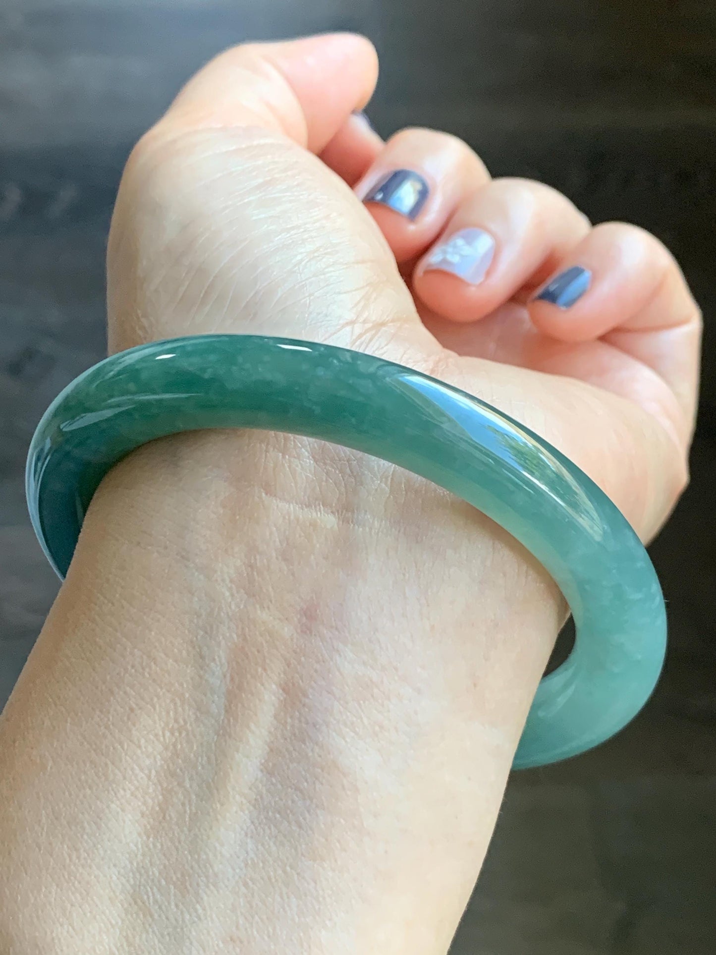 Certified Natural Grade A Guatemalan Icy Translucent Dusty Teal Green Jade Jadeite Wide Bangle Bracelet 59mm 7.29” 天然冰危暗蓝绿翡翠粗圆条手镯 511