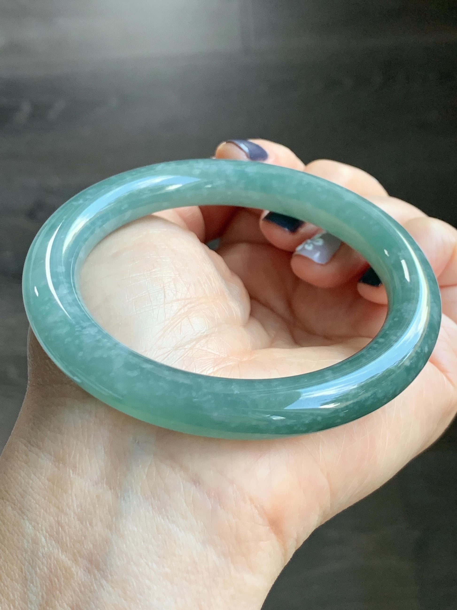 Certified Natural Grade A Guatemalan Icy Translucent Dusty Teal Green Jade Jadeite Wide Bangle Bracelet 59mm 7.29” 天然冰危暗蓝绿翡翠粗圆条手镯 511