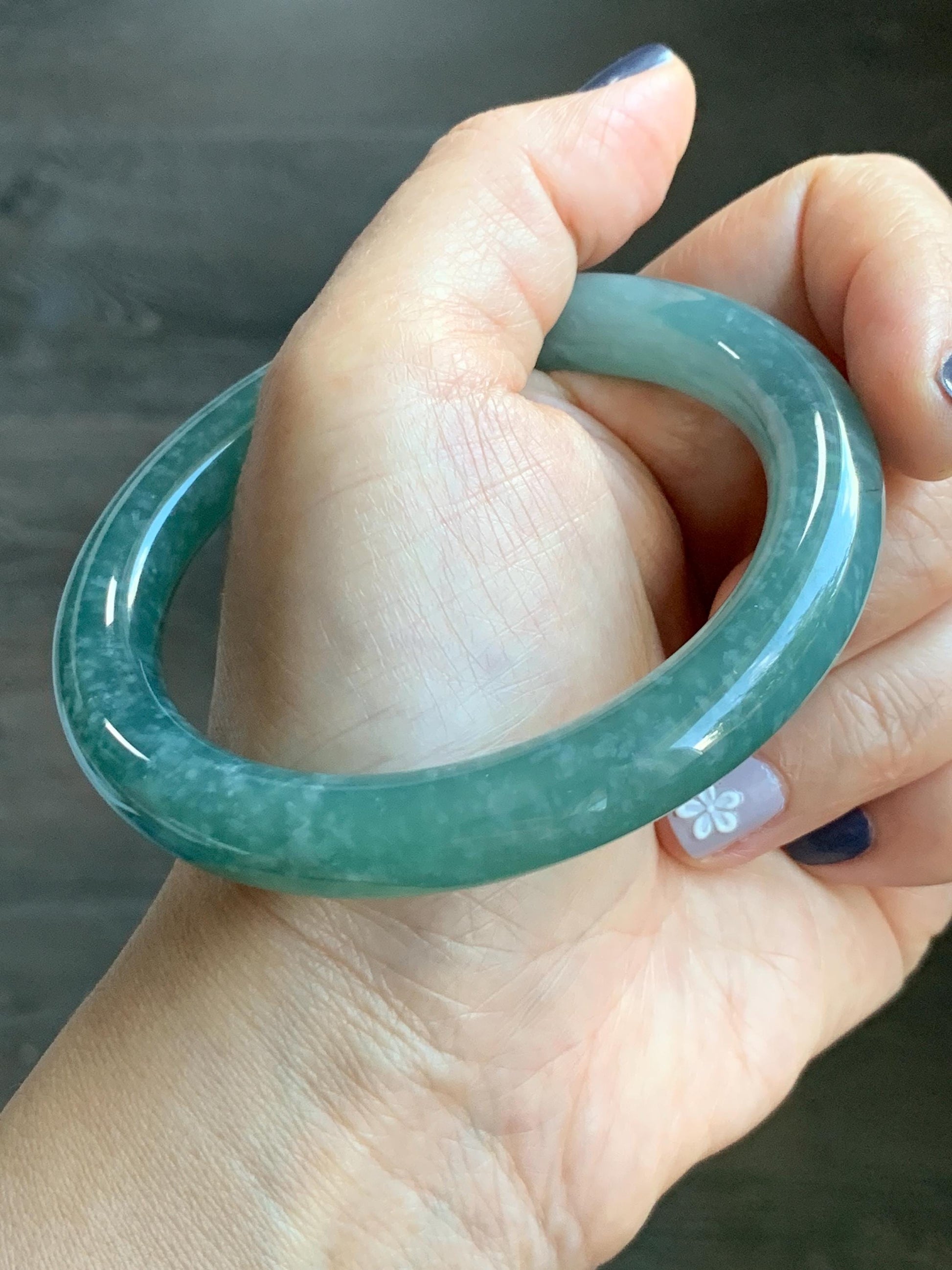 Certified Natural Grade A Guatemalan Icy Translucent Dusty Teal Green Jade Jadeite Wide Bangle Bracelet 59mm 7.29” 天然冰危暗蓝绿翡翠粗圆条手镯 511