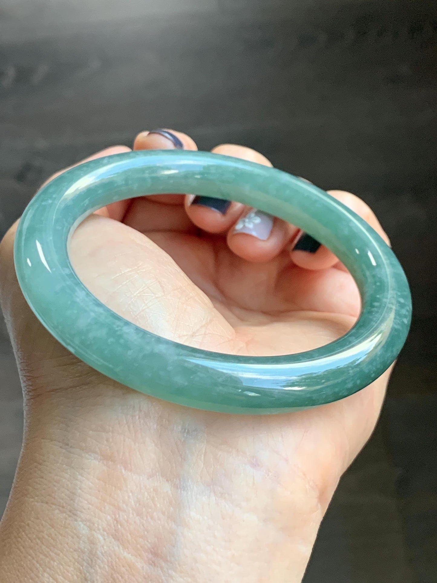 Certified Natural Grade A Guatemalan Icy Translucent Dusty Teal Green Jade Jadeite Wide Bangle Bracelet 59mm 7.29” 天然冰危暗蓝绿翡翠粗圆条手镯 511