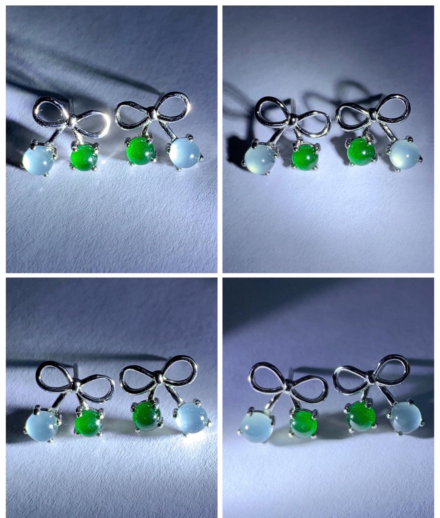 Natural Guatemalan Grade A Icy Highly Translucent Pale Blue Vibrant Green Jade Jadeite Bow Earrings Sterling Silver 天然冰危蓝绿翡翠蝴蝶结耳钉 WSB120A